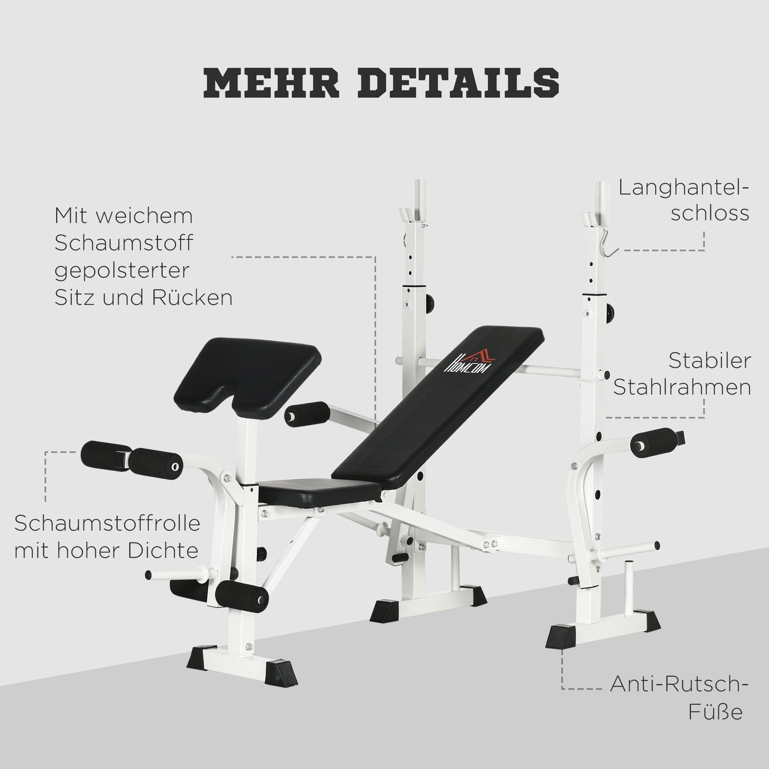 Treningsbenk Vektbenk med benpress, manualstøtte, armstøtte, for styrketrening, svart+hvit