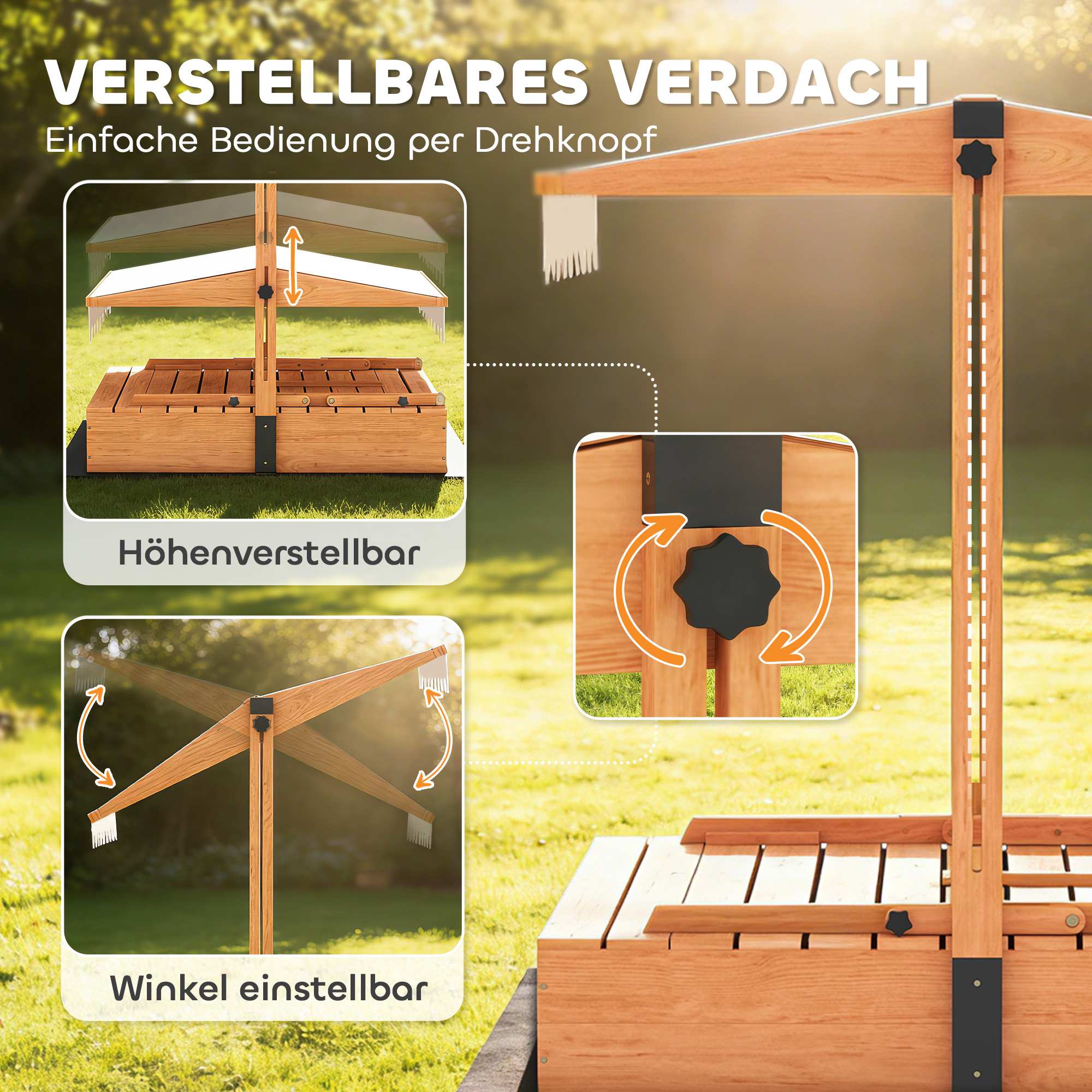 Träsandlåda med justerbart tak och picknickbord