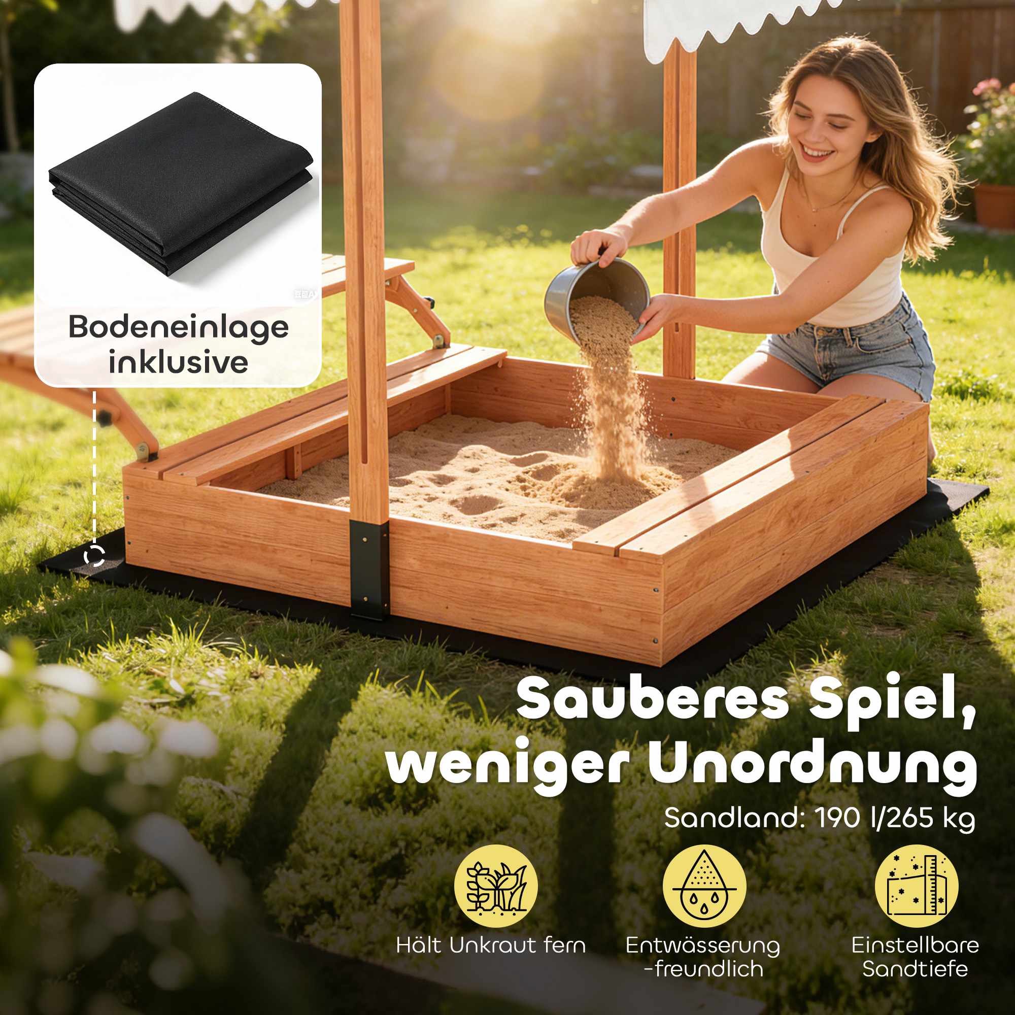 Träsandlåda med justerbart tak och picknickbord