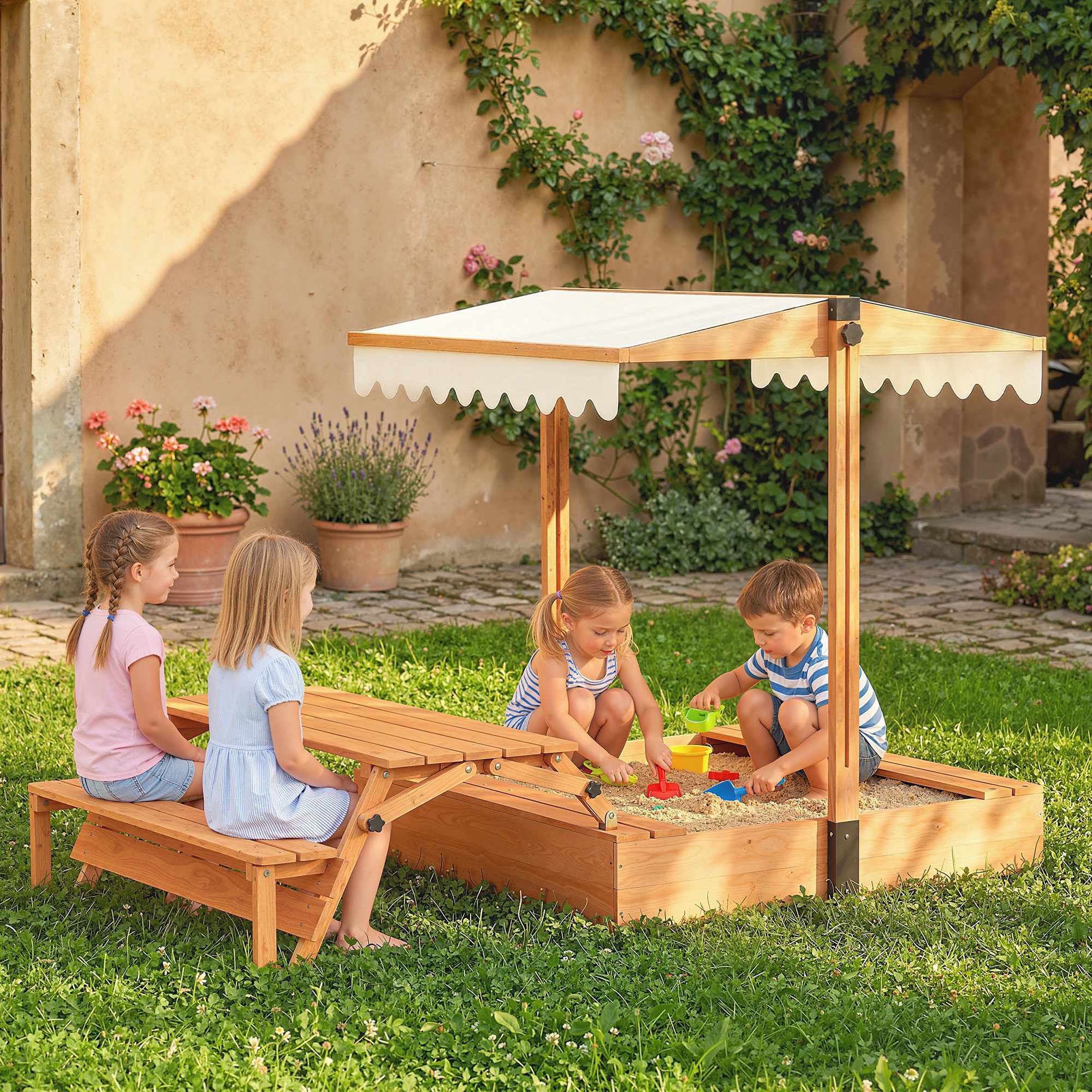 Träsandlåda med justerbart tak och picknickbord