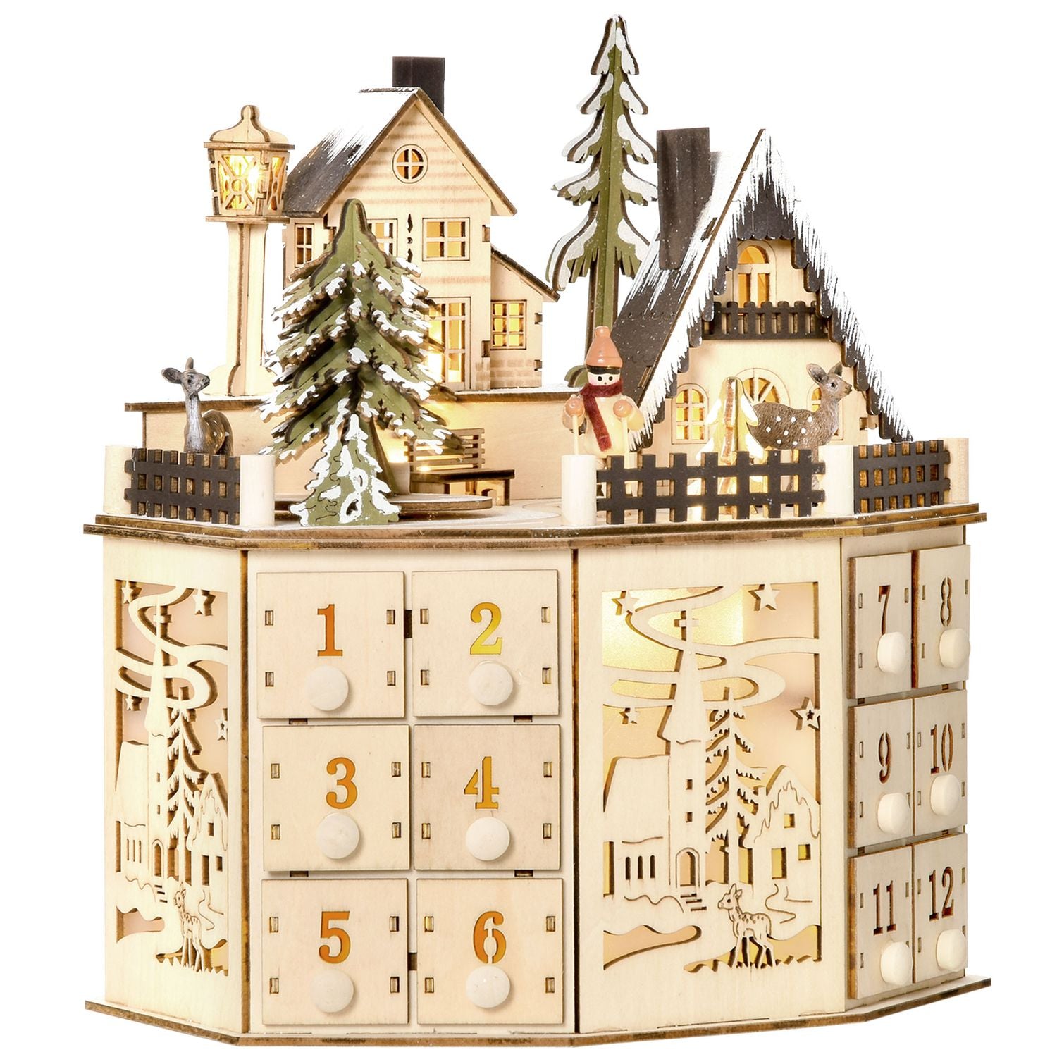 Trätåg-adventskalender med 24 LED-presentförpackningar