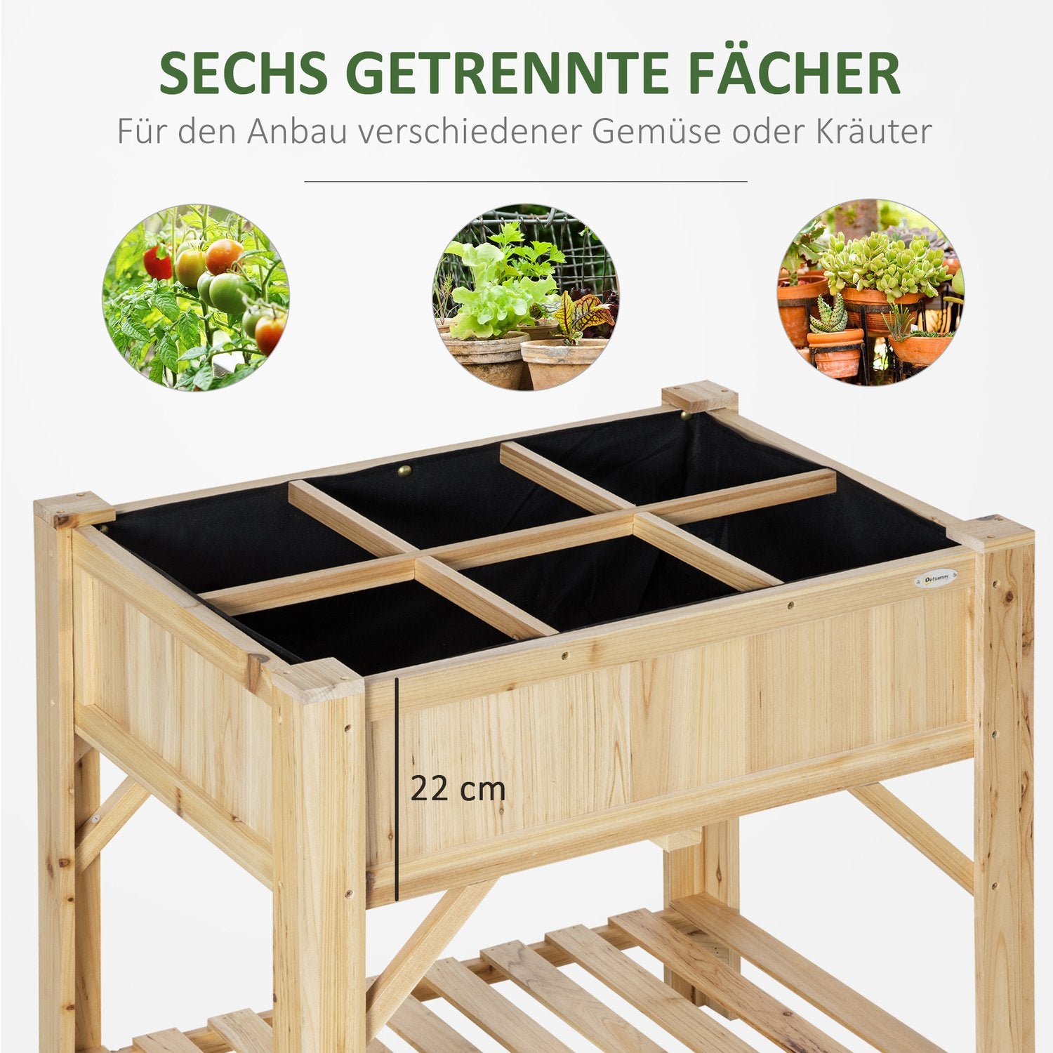 Trä upphöjd säng med 6 växtområden & tyg, naturligt