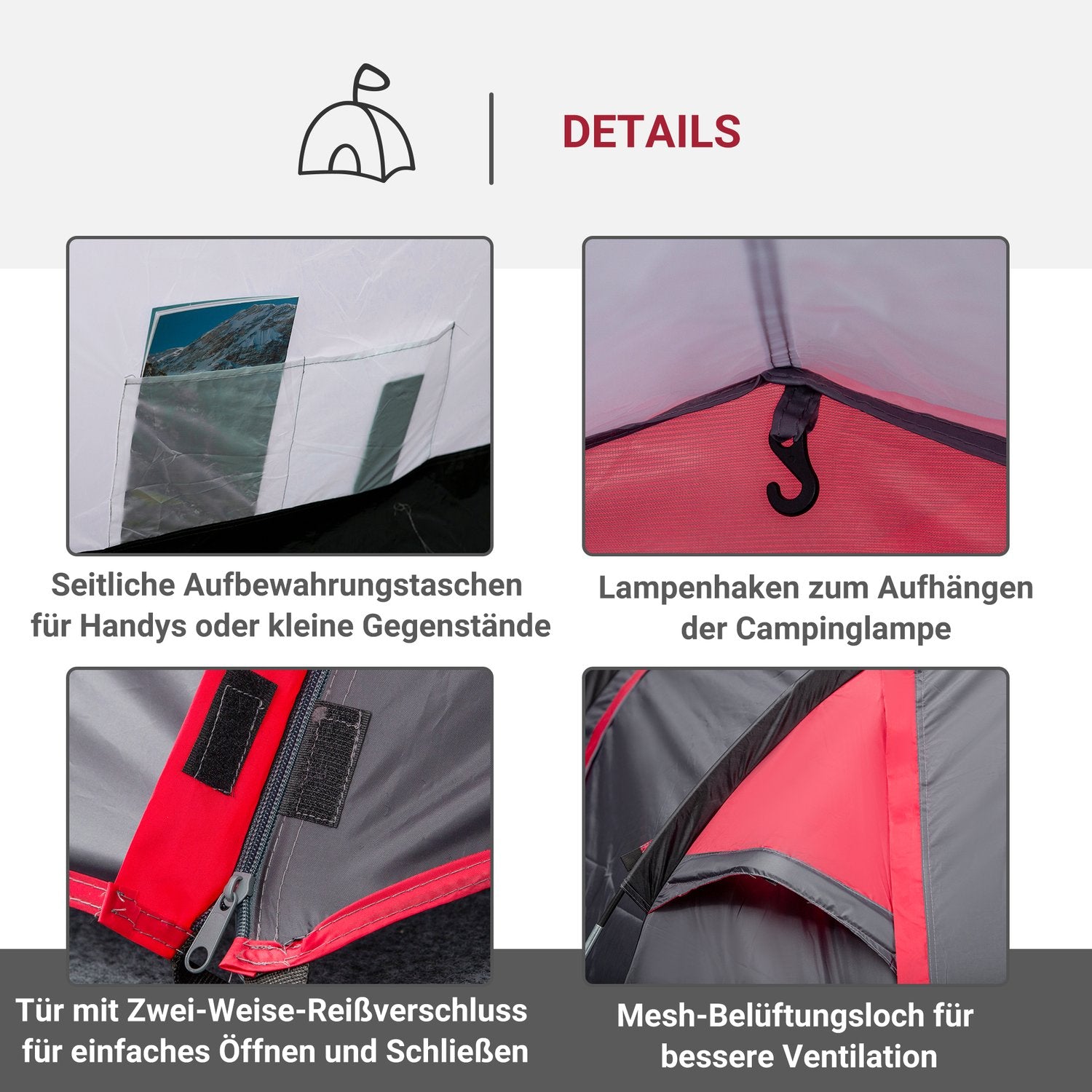 Tunnelcampingtält för 2-3 personer, glasfiber, grått