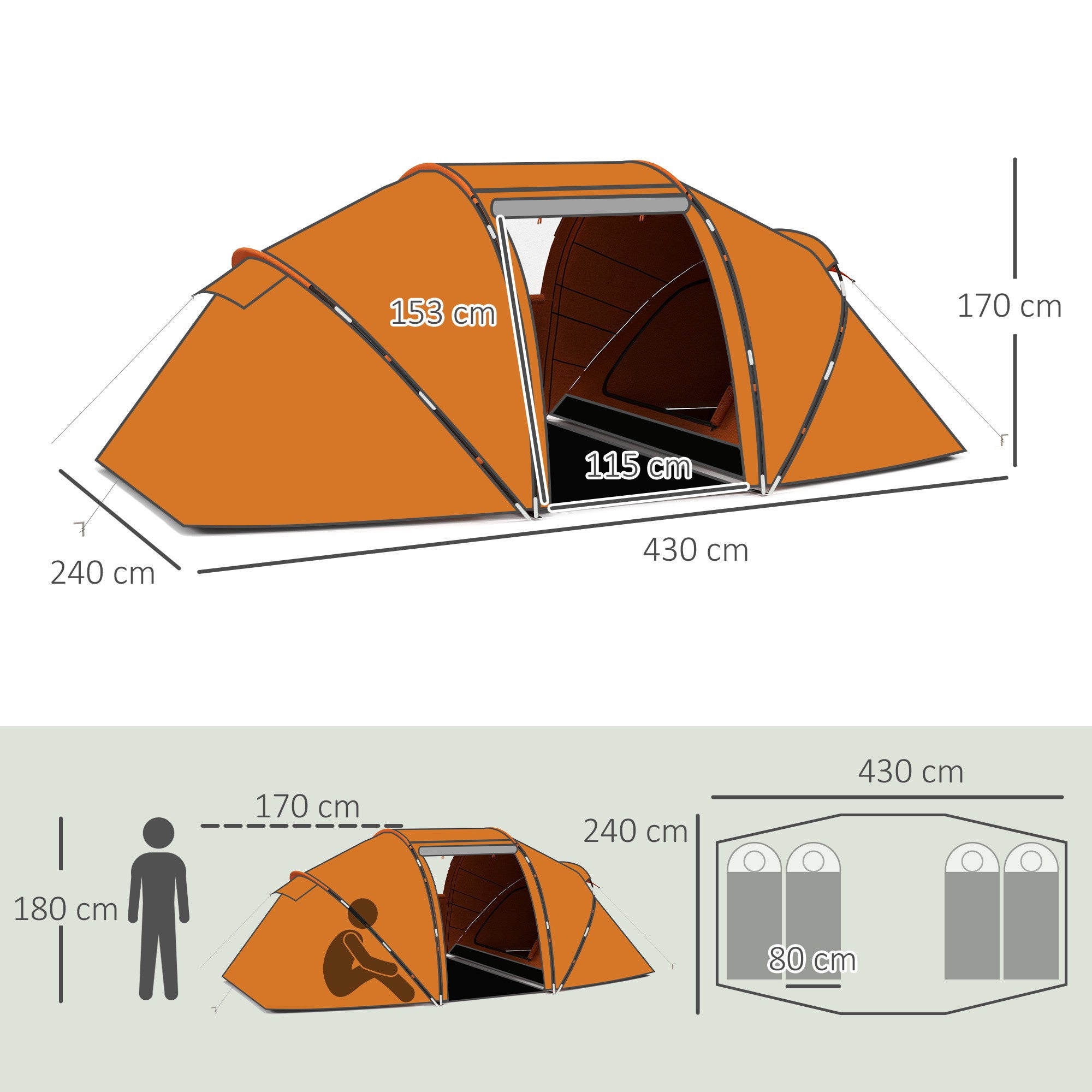 Tunneltält för 4-6 personer, vattentätt 2000 mm, orange