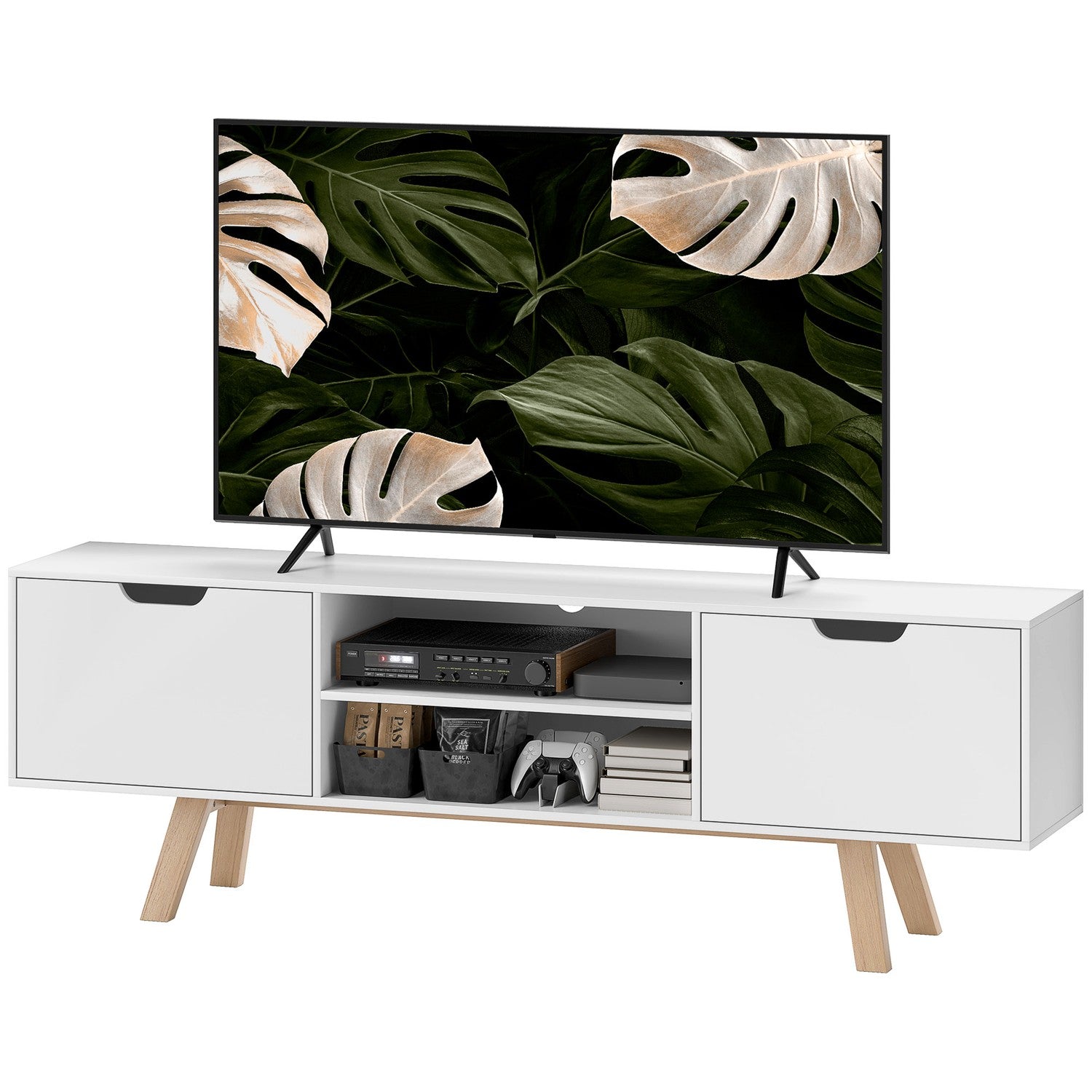 Vit TV-bänk, passar TV-apparater upp till 65"", 2 skåp och hyllor