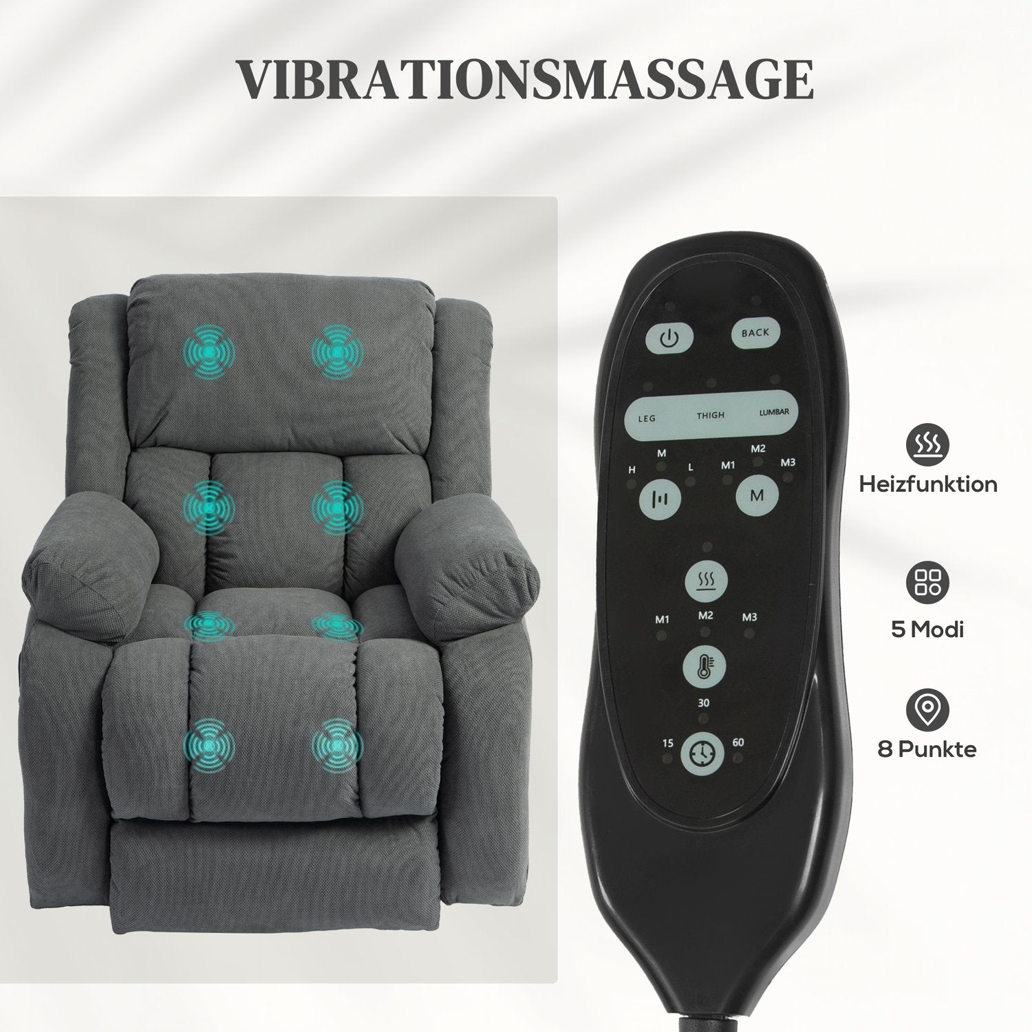 Tv-stol med massage- och värmefunktion, elektrisk stigare, fjärrkontroll, sidfickor, grå