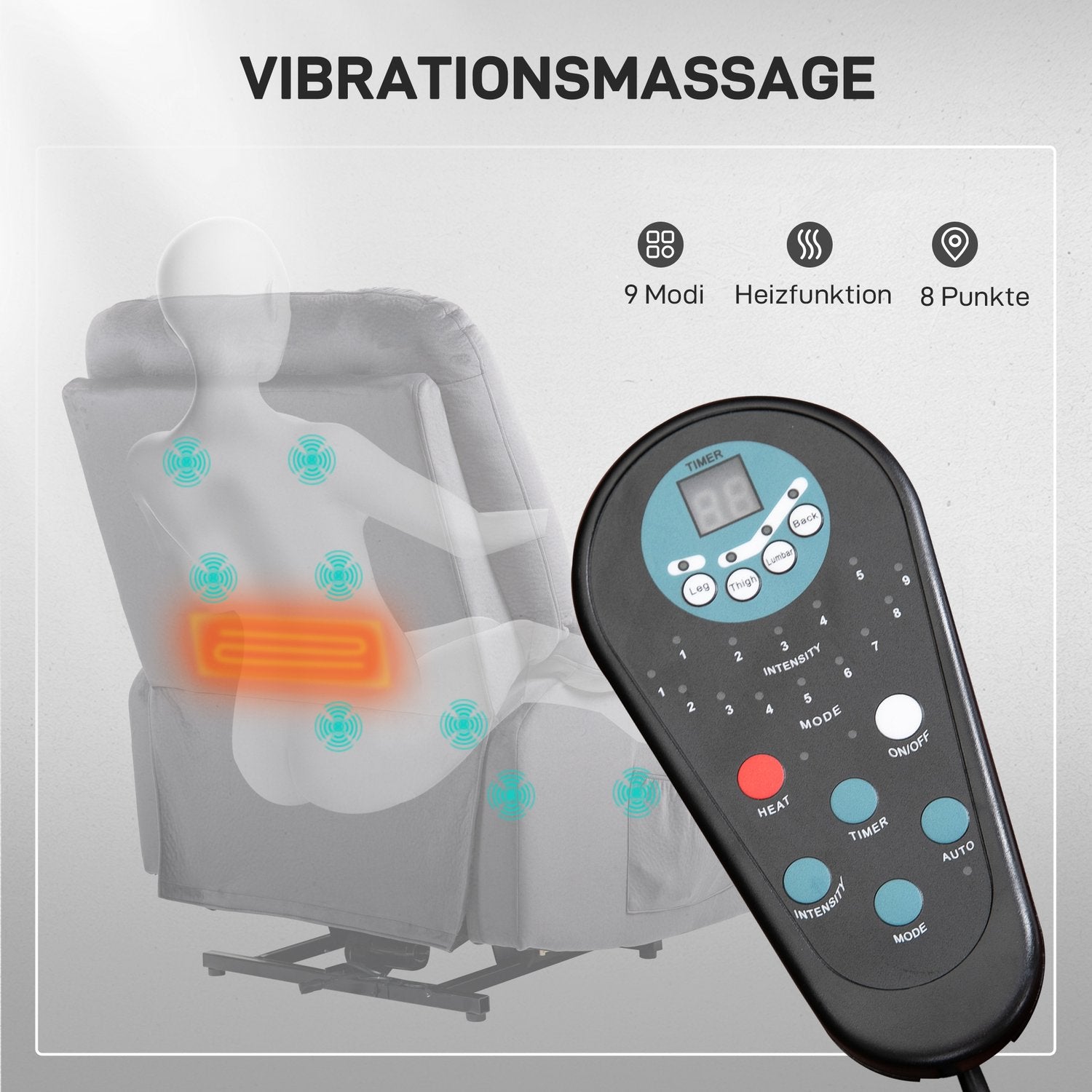 Tv-stol med ståhjälp, värme- och massagefunktion, fjärrkontroll och sidficka, mörkgrå