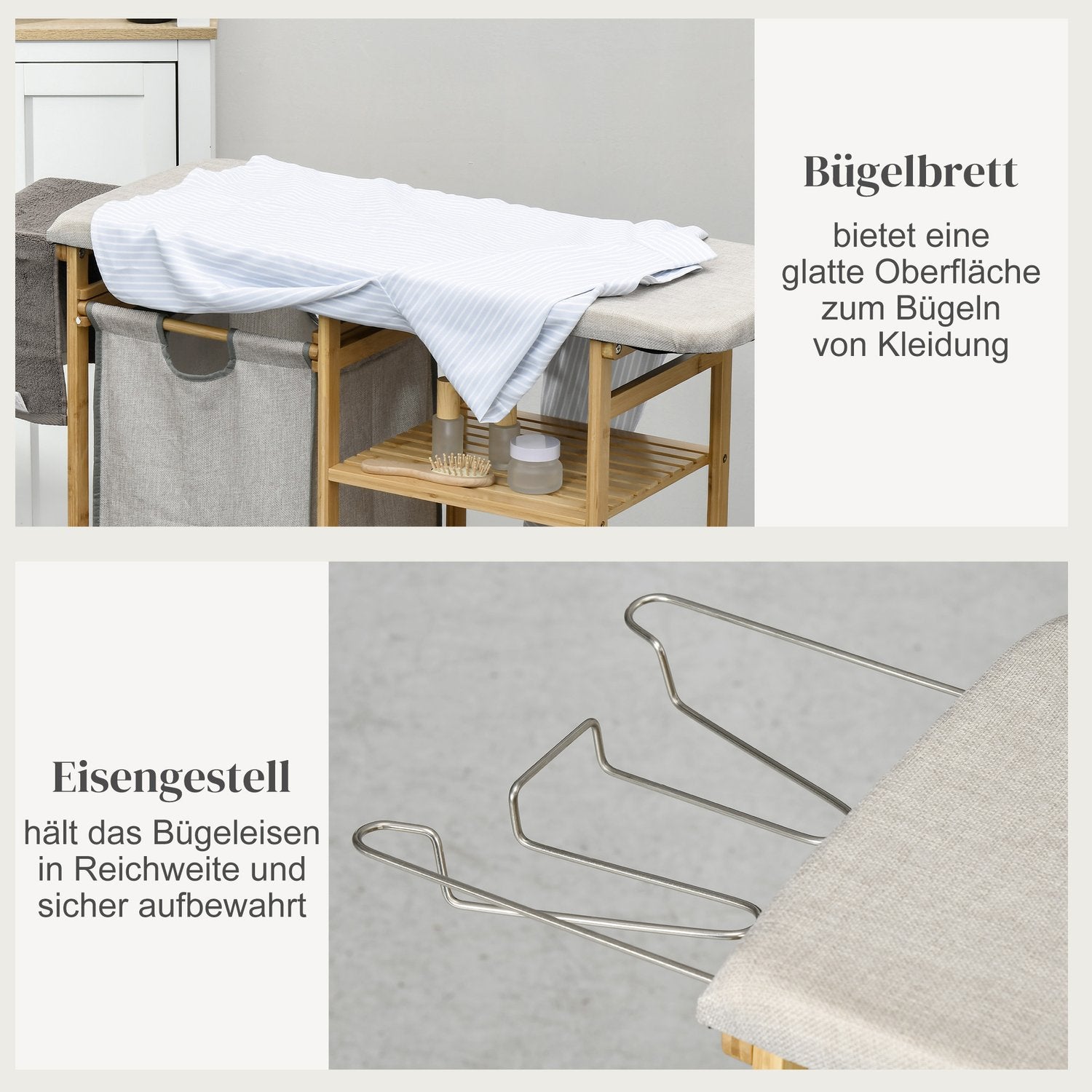 Utdragbar 57,4L tvättkorg med strykbräda och 3-våningsförvaring