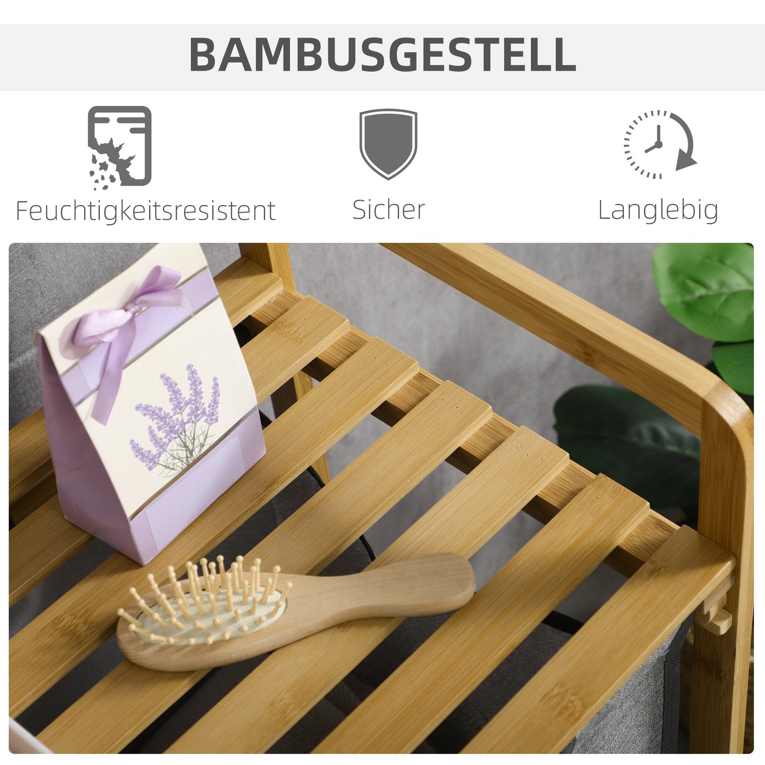 Tvättkorg i bambu med avtagbara påsar – grå och naturlig