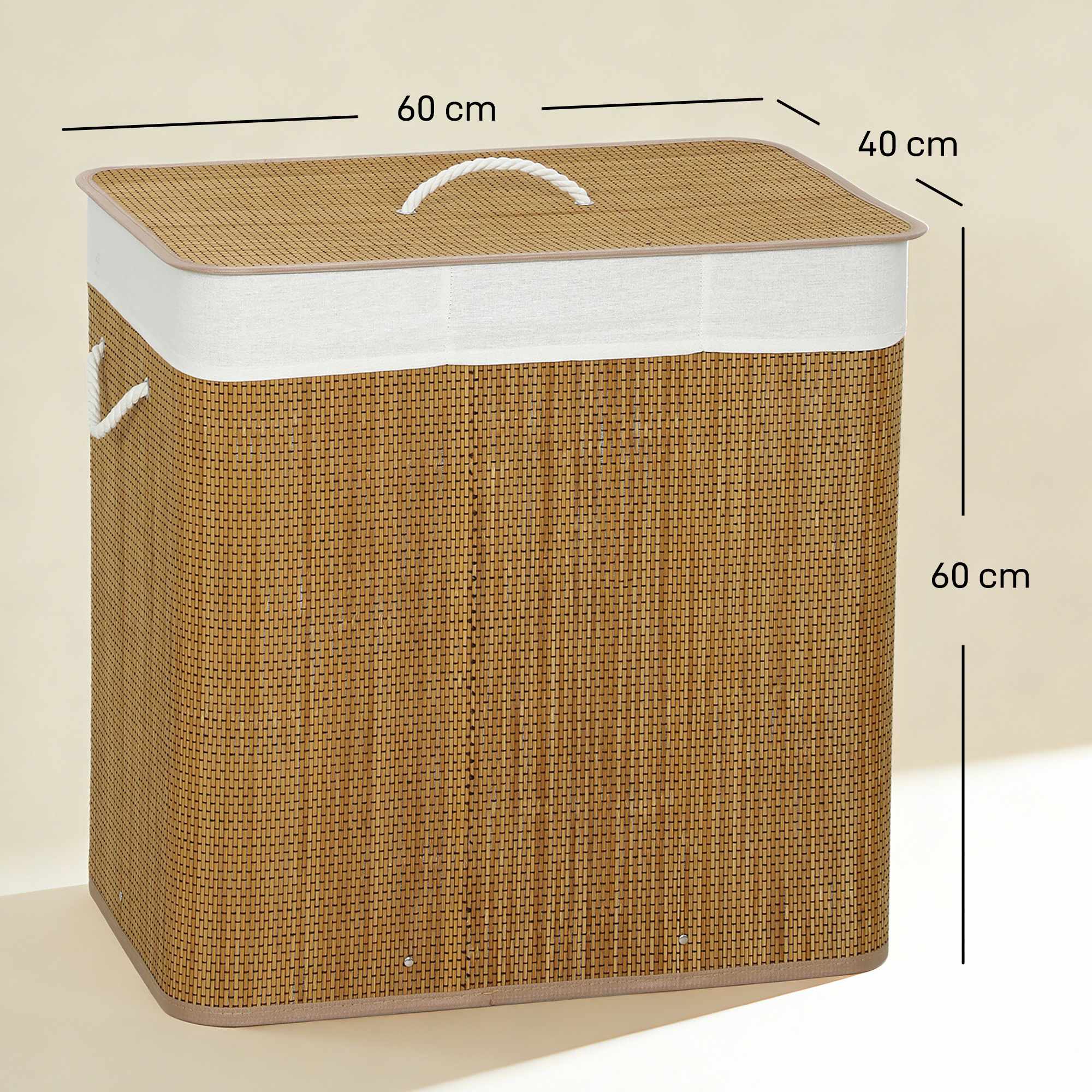 Tvättkorg i bambu med lock, 3 fack, 144 liter