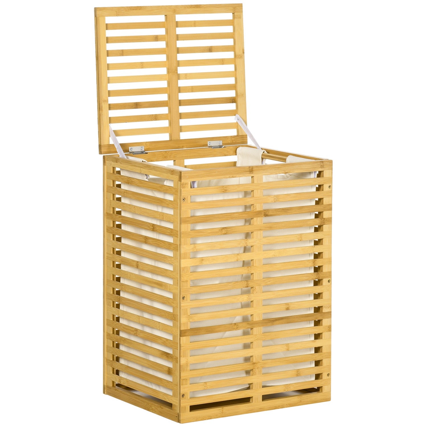 Tvättkorg i bambu med lock och avtagbar påse, 63L kapacitet