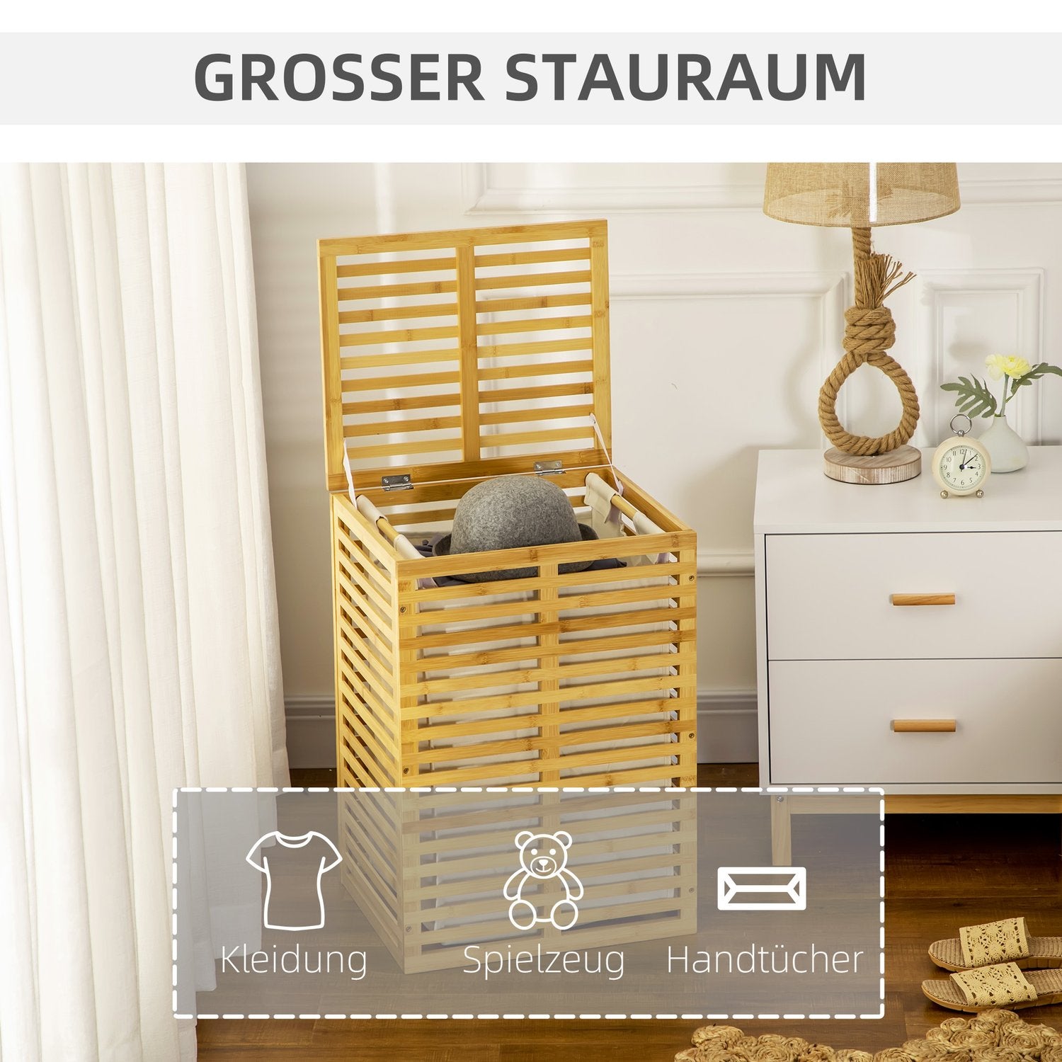 Tvättkorg i bambu med lock och avtagbar påse, 63L kapacitet