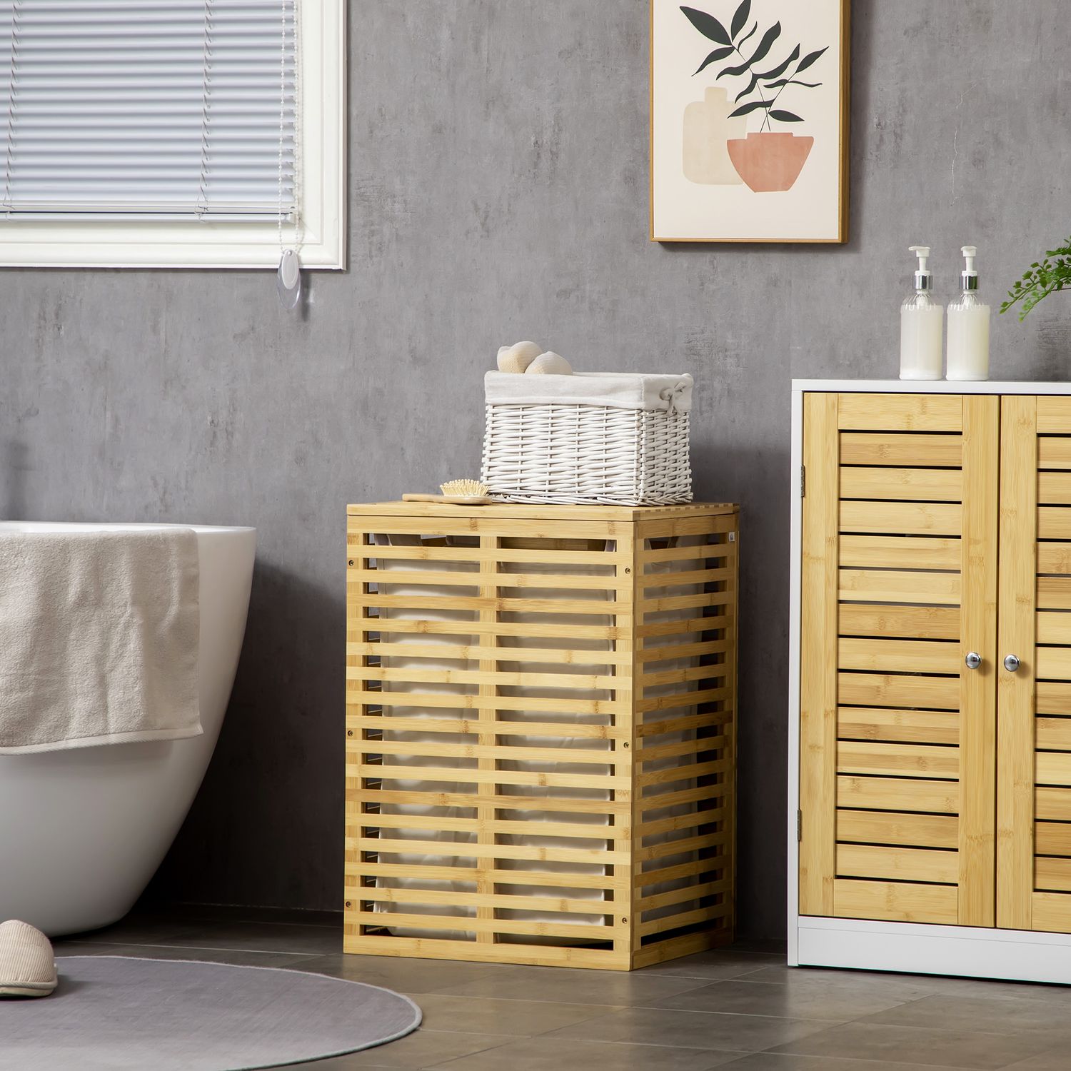 Tvättkorg i bambu med lock och avtagbar påse, 63L kapacitet