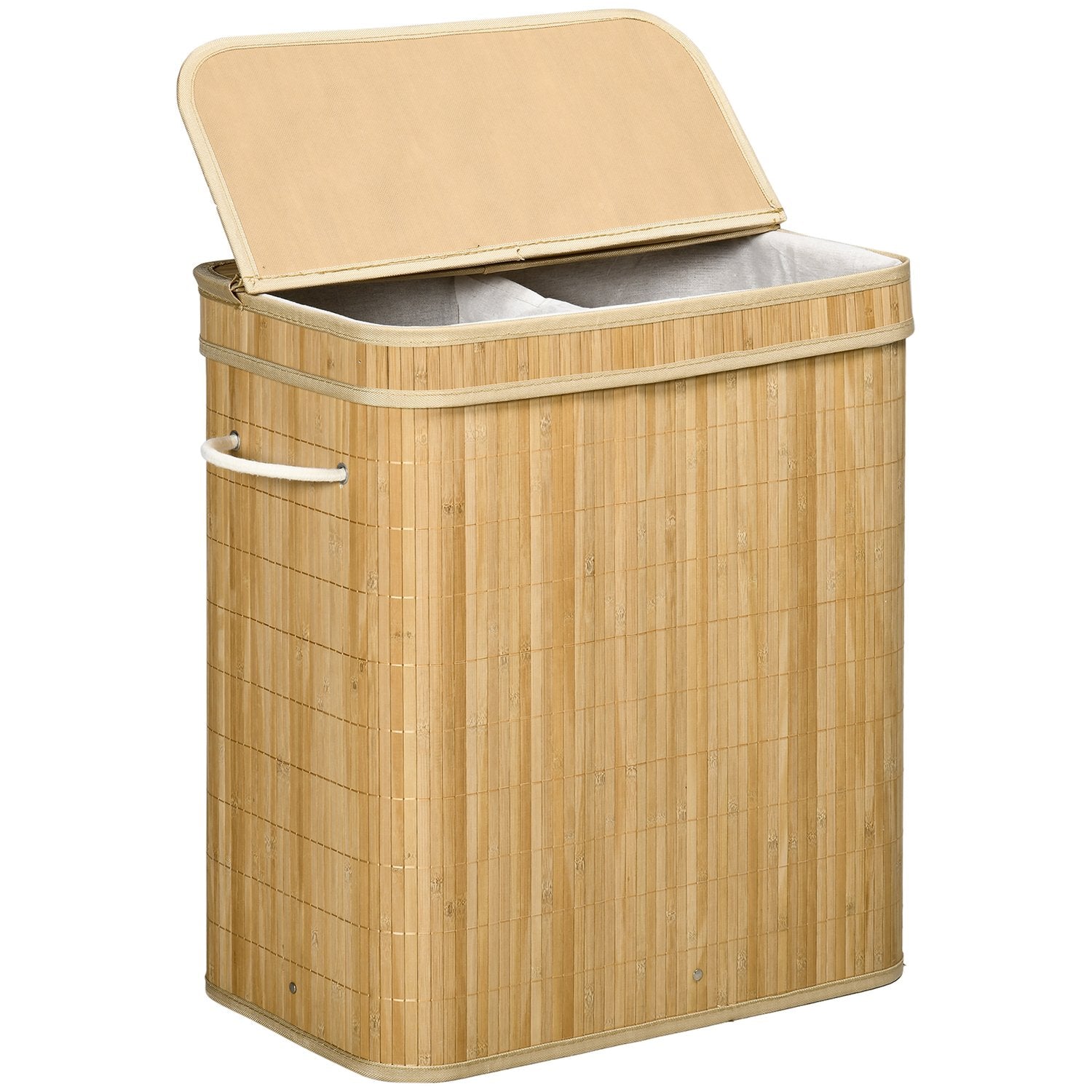 Bambu tvättkorg med lock och 2 fack, 90L