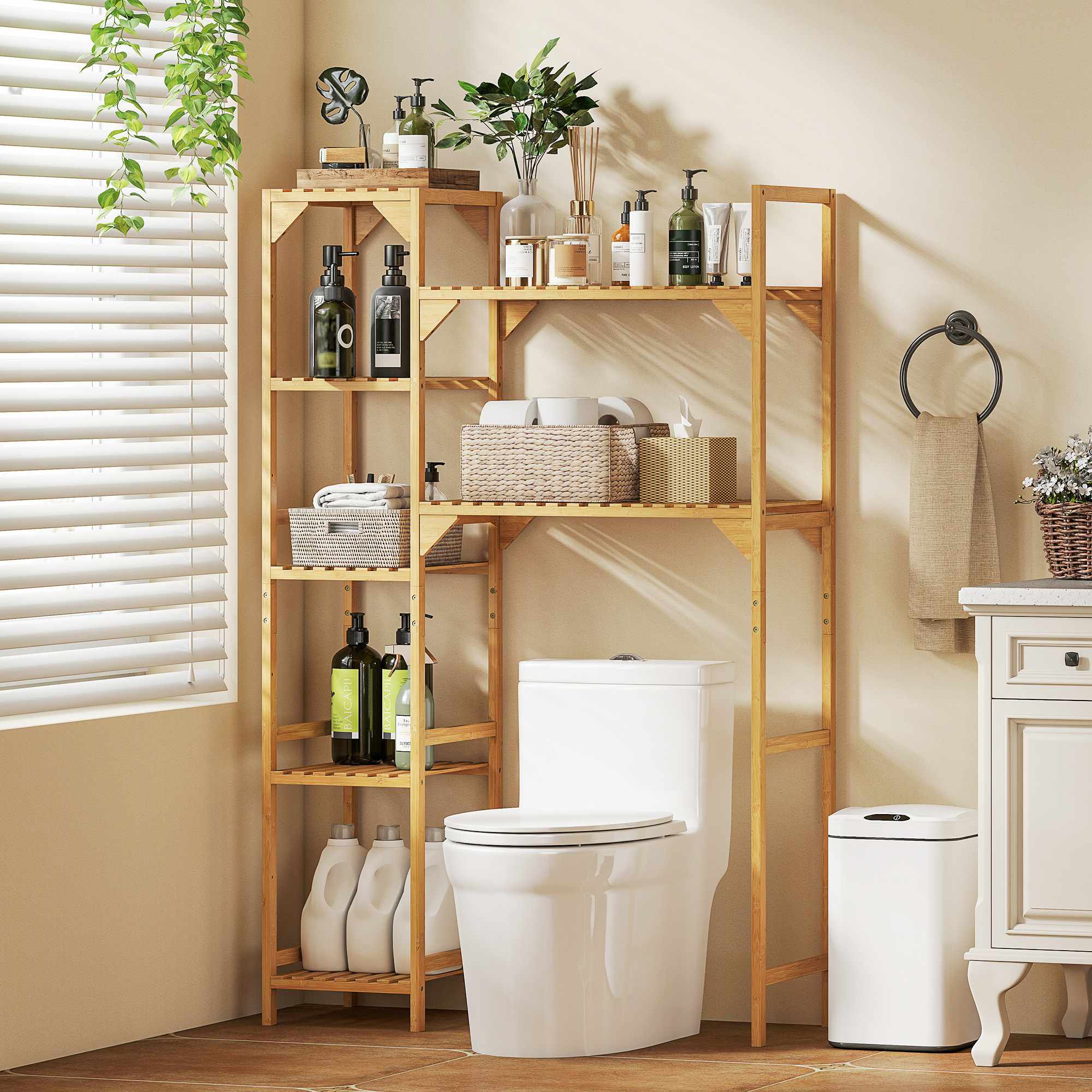 Tvättmaskinshylla, bambu, 7 justerbara hyllplan, platsbesparande