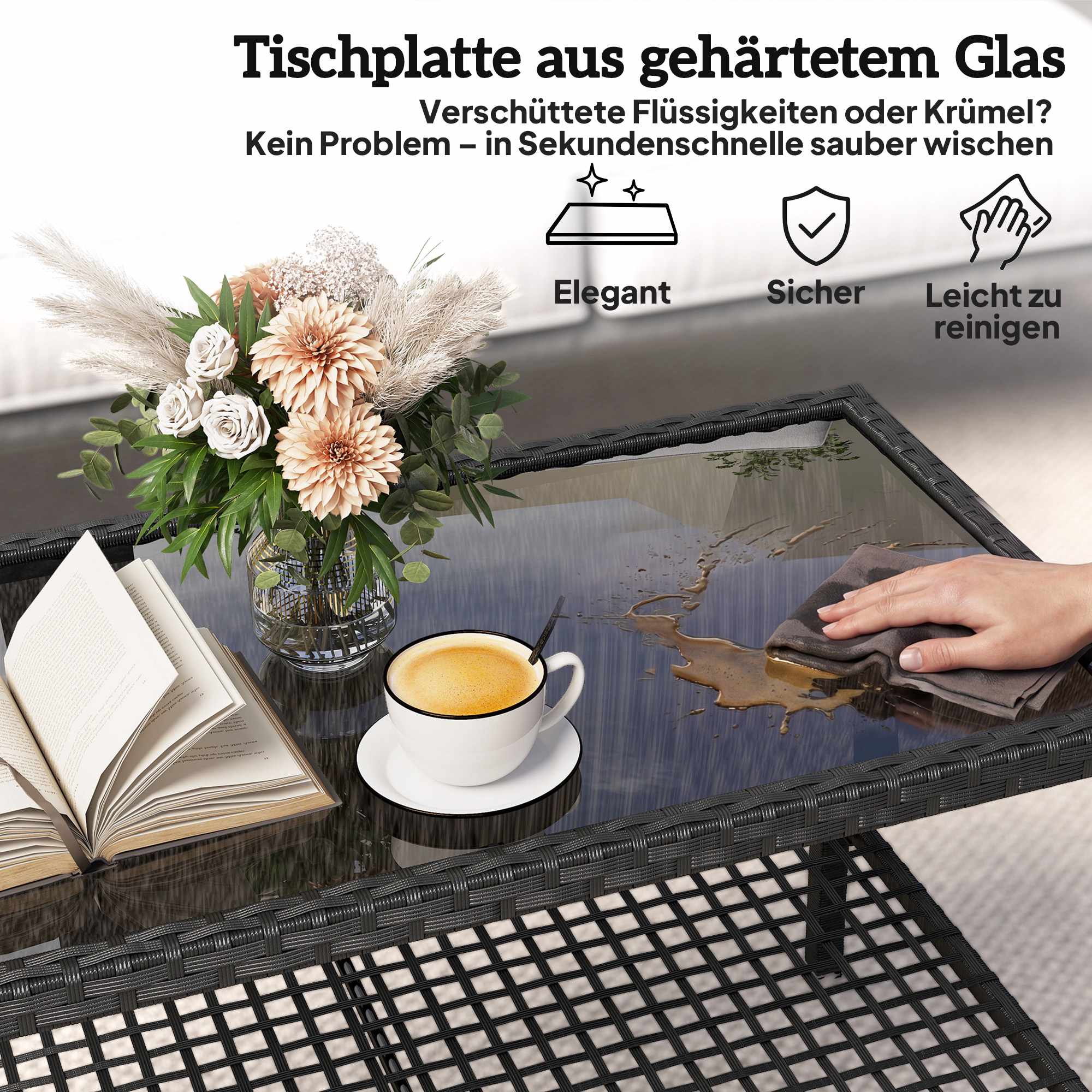 Tvåvånings soffbord i rotting med glasskiva, svart