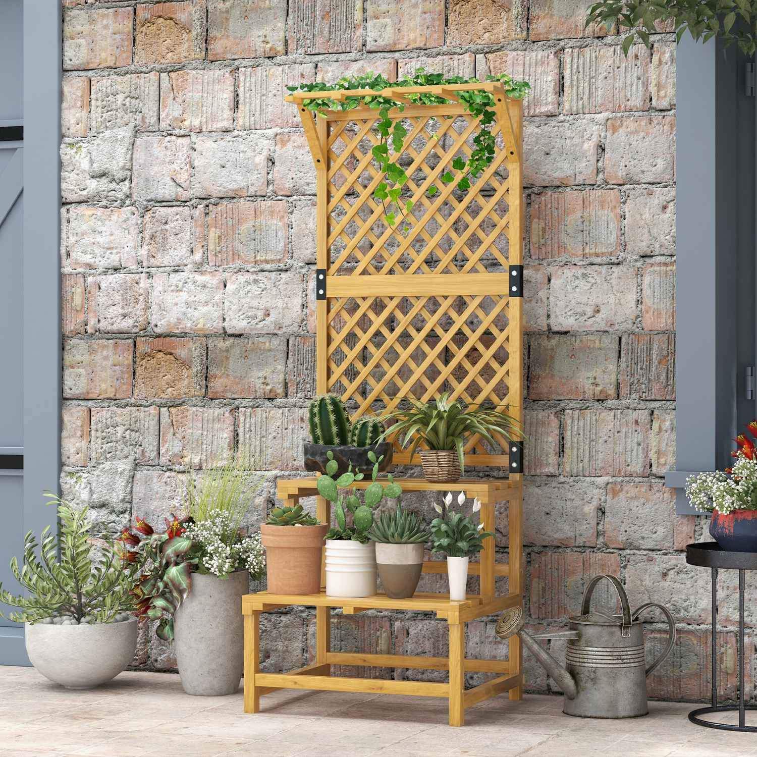 Plantestativ i tre 2-lags blomstertrapper espalier Blomsterhylle Plantetrapp Hageterrasse Gul 60X50X166Cm