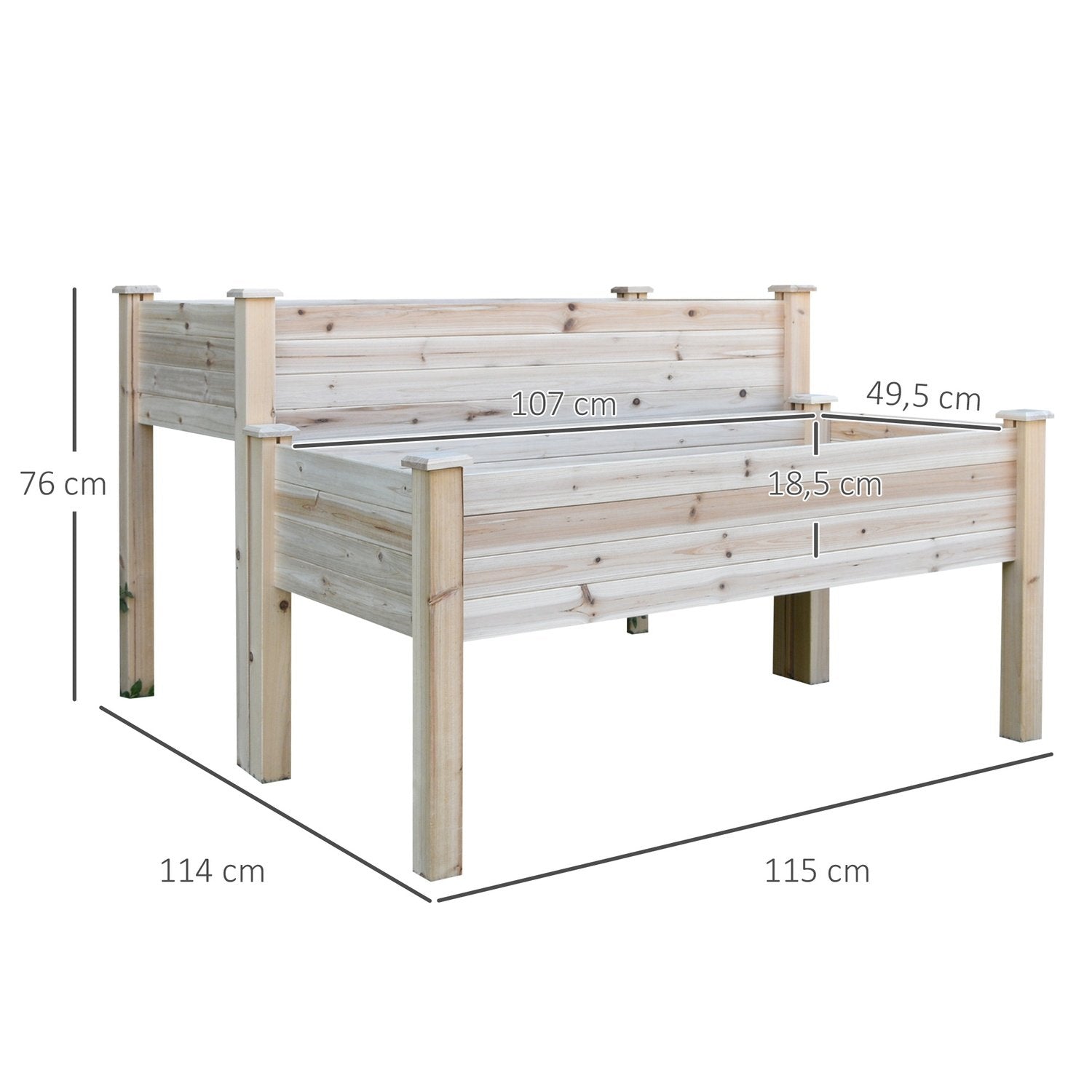 Hevet seng 2-lags kaldramme Urteseng Plantekasse med dreneringshull Massivt naturtre 115 X 114 X 76 Cm