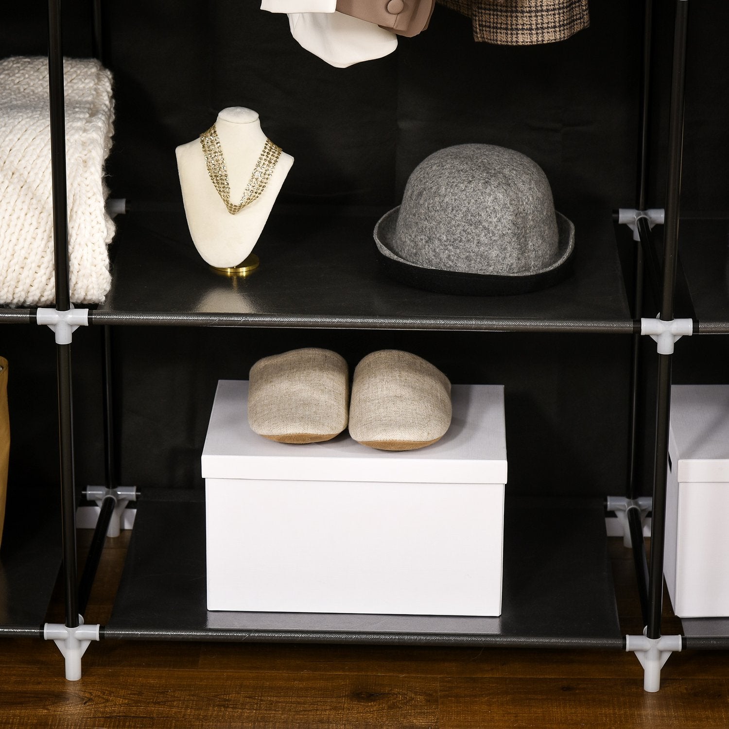 Tyggarderob – dragkedja, 1 skena, 10 hyllor, 150x43x162cm