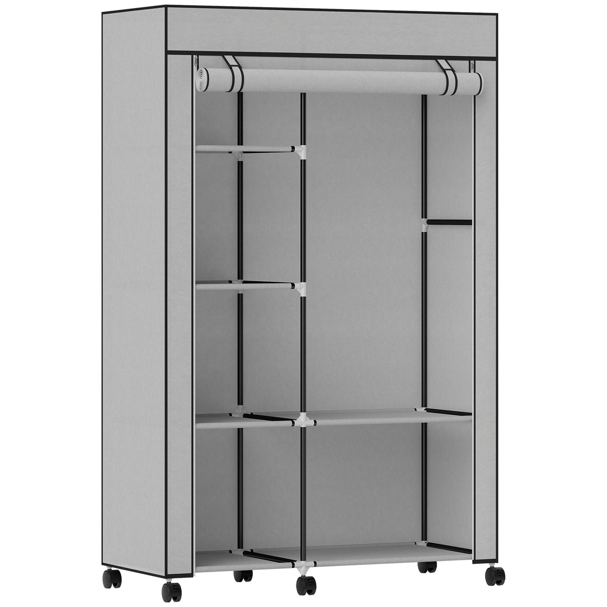 Stoffgarderobe med 6 hyller og klesstang, lysegrå