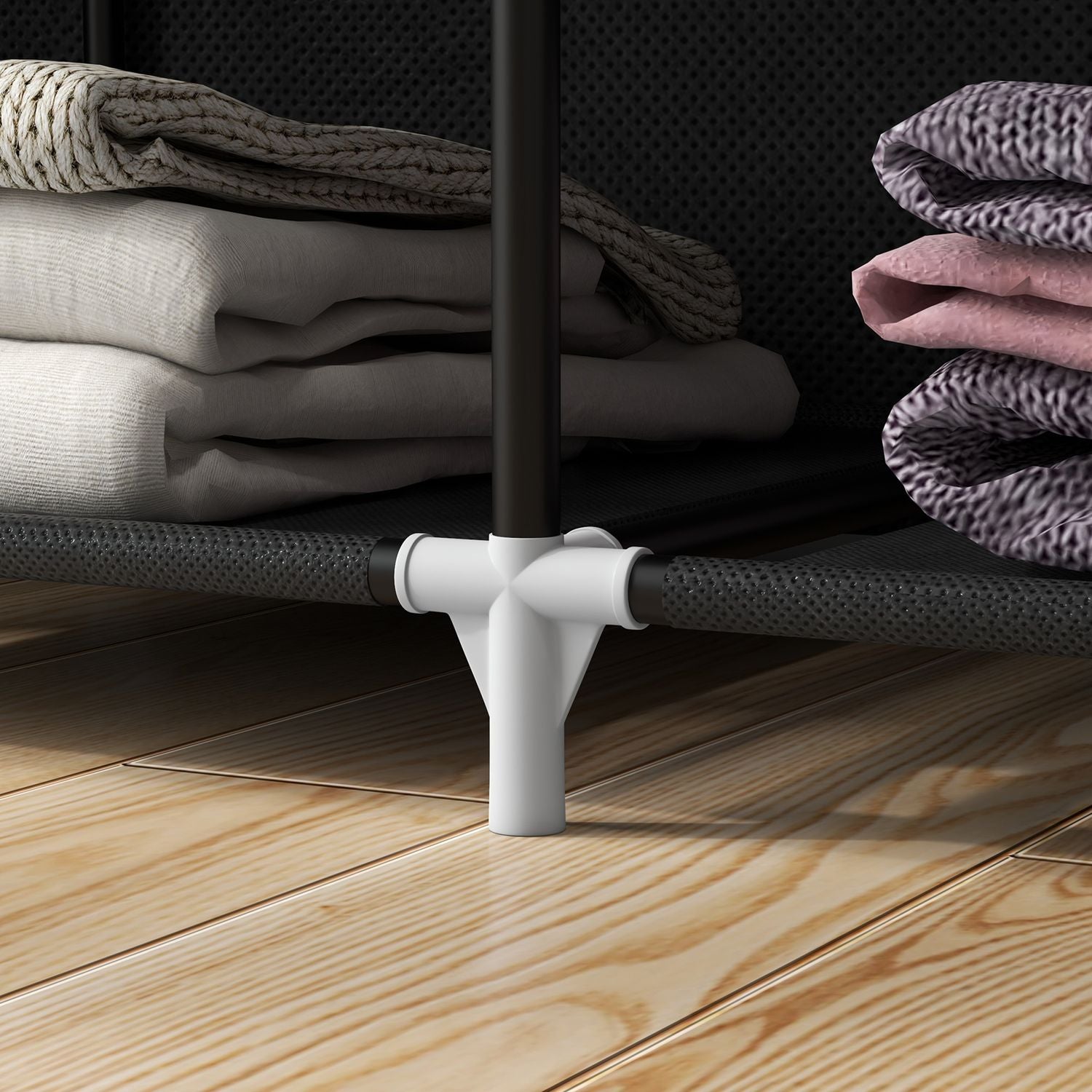 Tyggarderob med klädstång, 8 hyllor, ljusgrå, platsbesparande