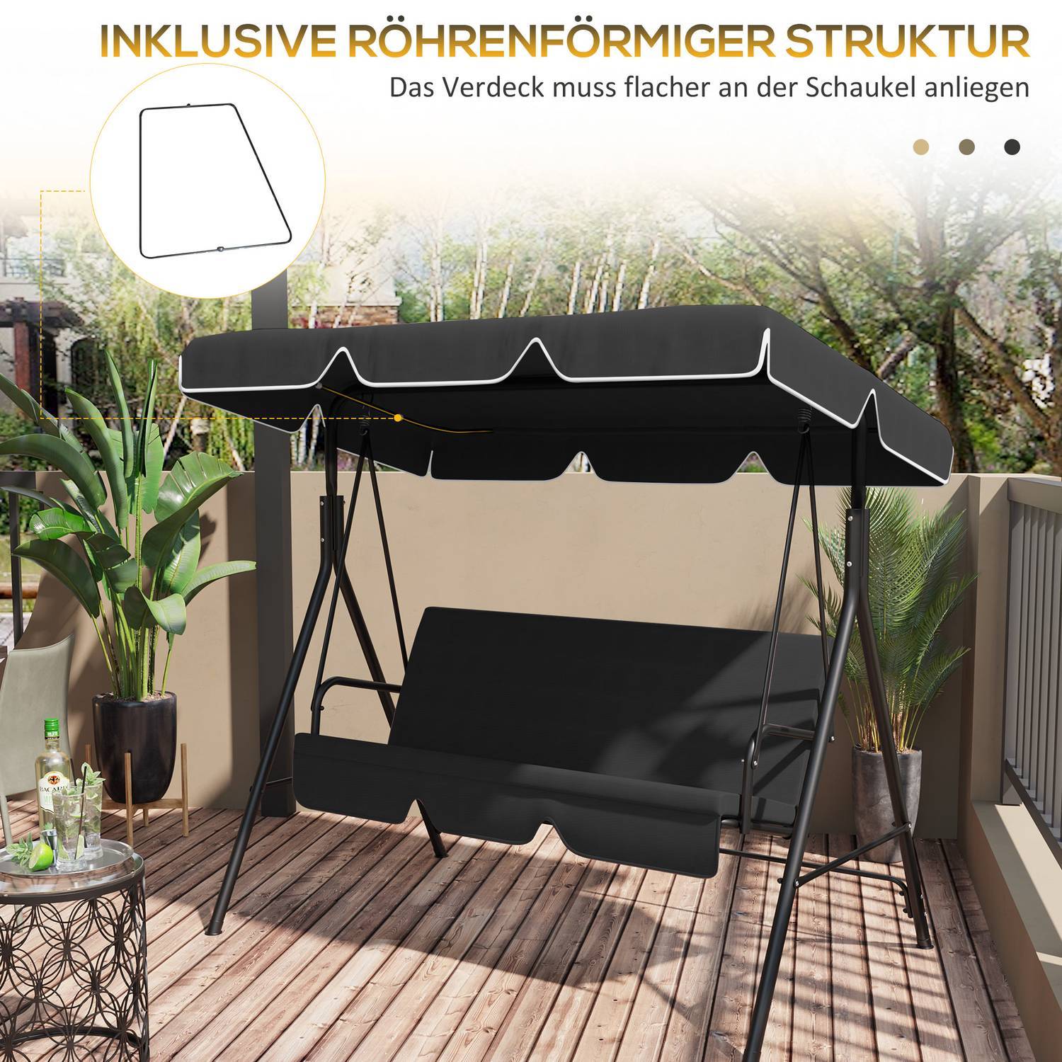 Hollywood Swing Roof Cover erstatningstak for Hollywood Swing, soltak for 2-seters swing, med UV-beskyttelse, svart