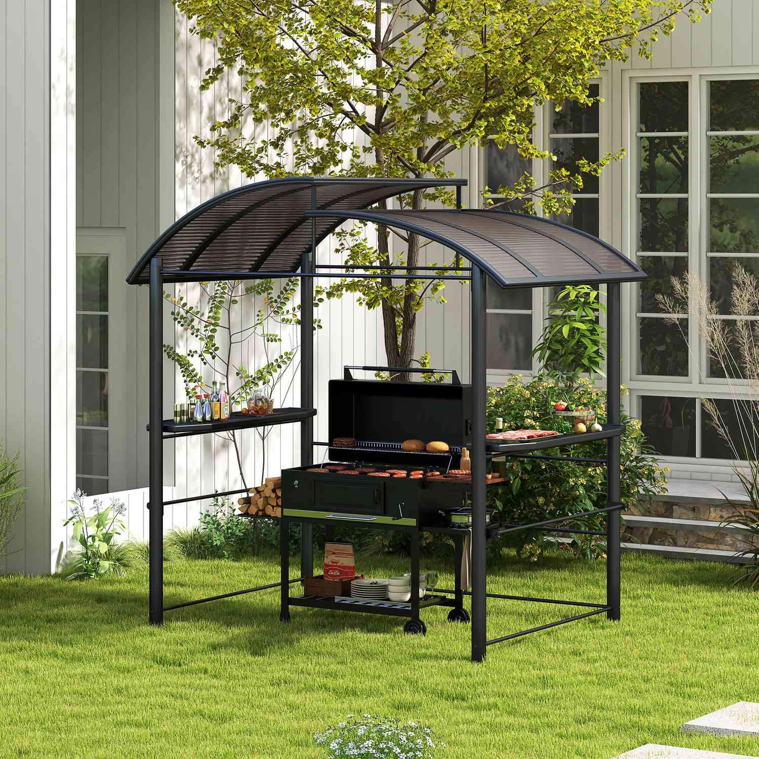 Grill Paviljong Flammesikkert Tak Bbq Pavilion 2 Hyller UV Beskyttelse Pergola Hage Balkong Stål Stk Mørk Grå 240X150X230Cm