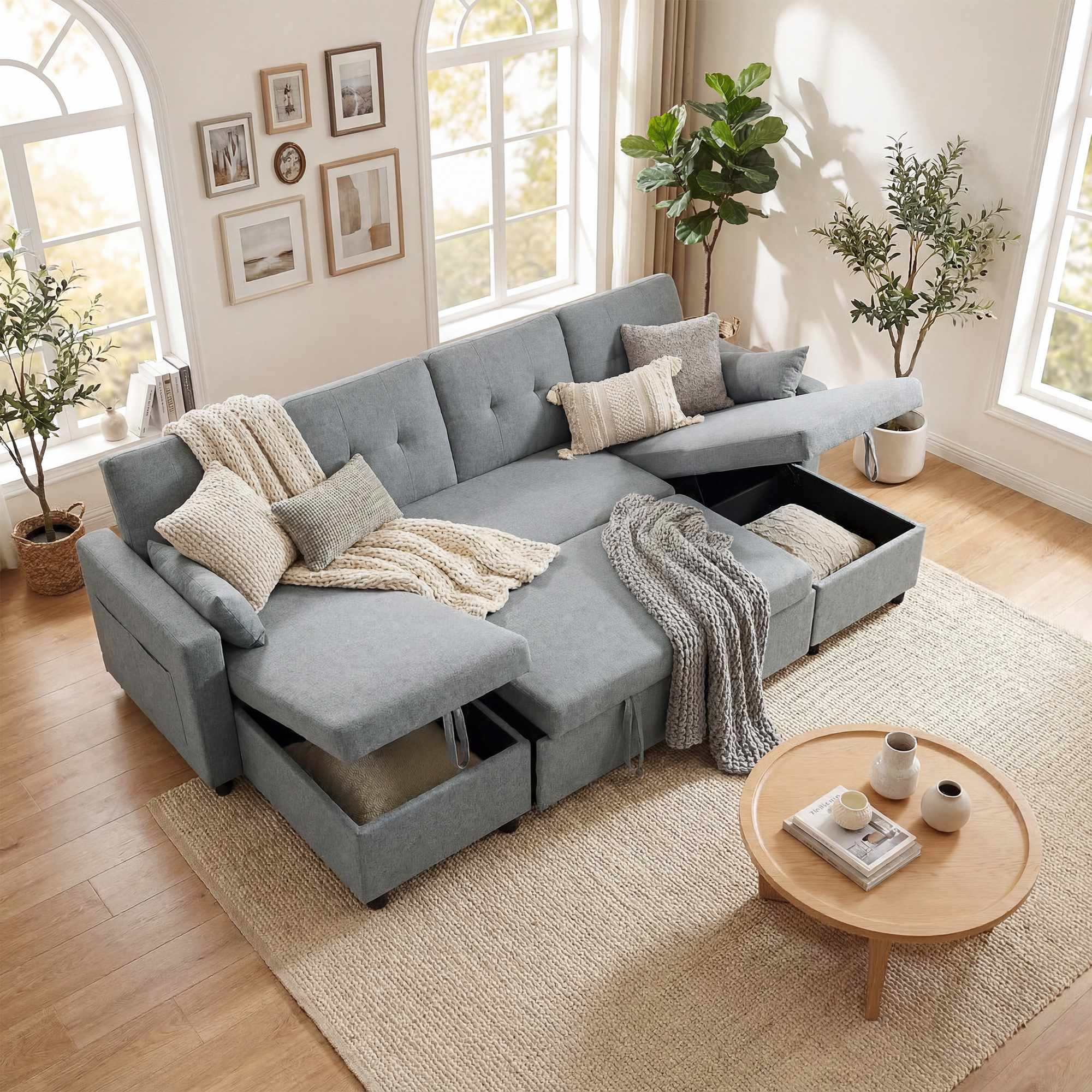 U-formad bäddsoffa, 4-sits, förvaring, grå