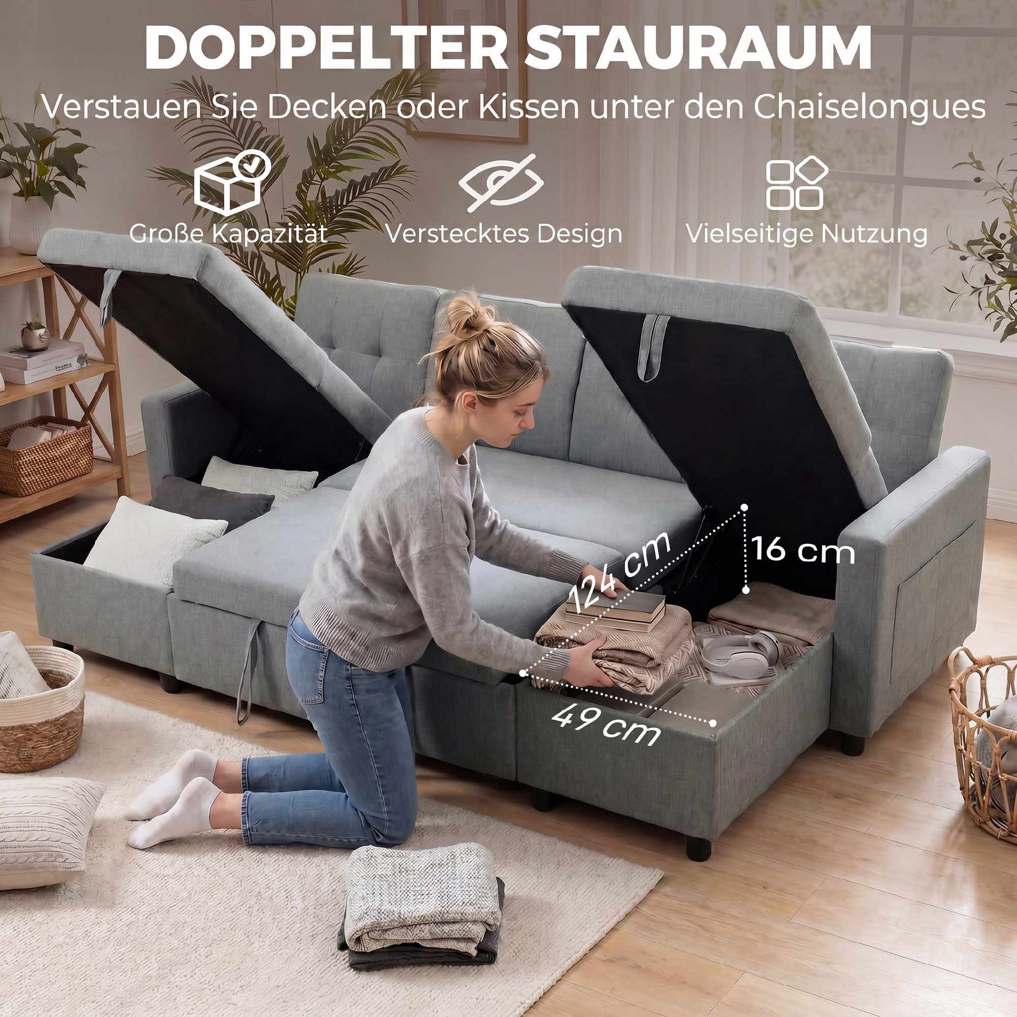U-formad bäddsoffa, 4-sits, förvaring, grå