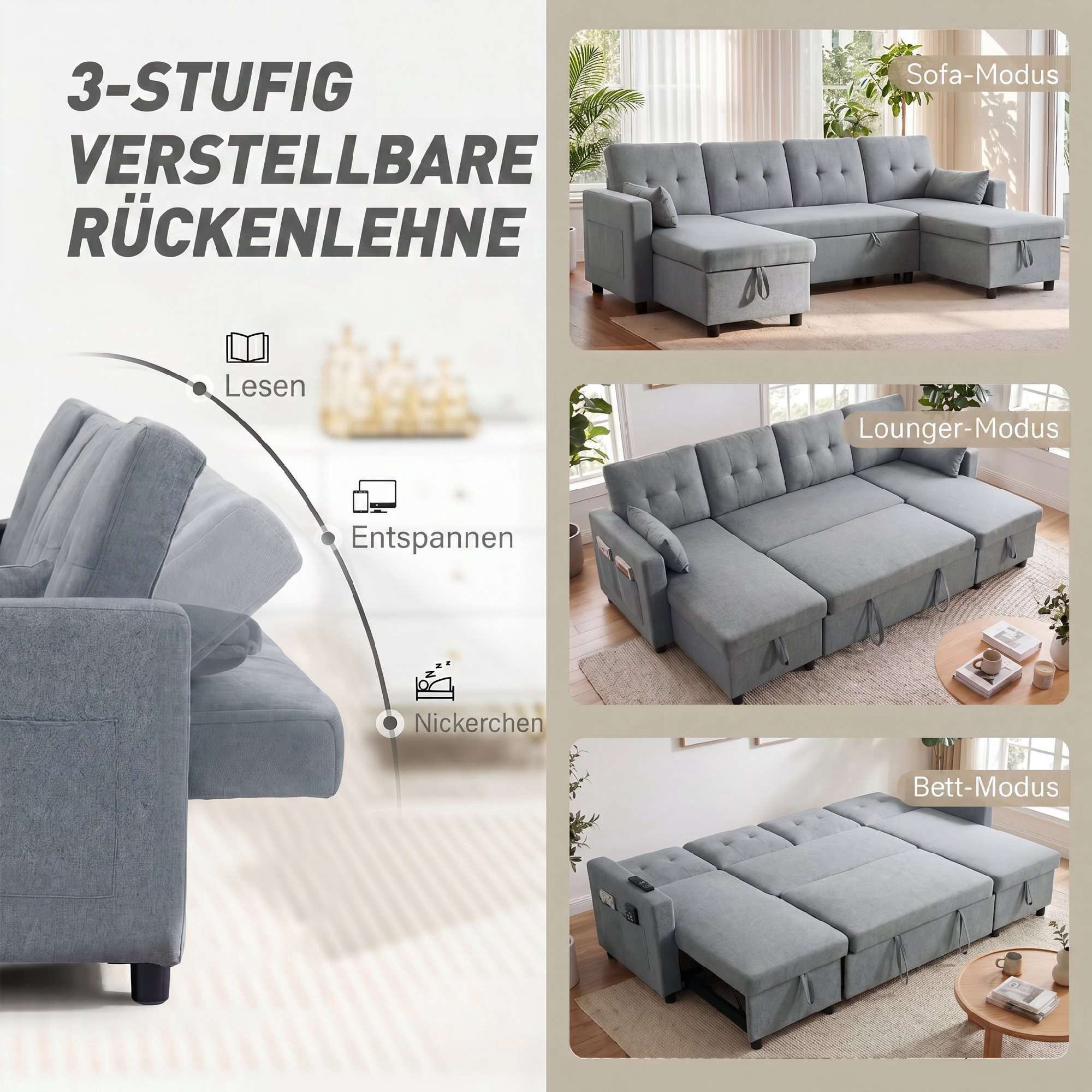 U-formad bäddsoffa, 4-sits, förvaring, grå