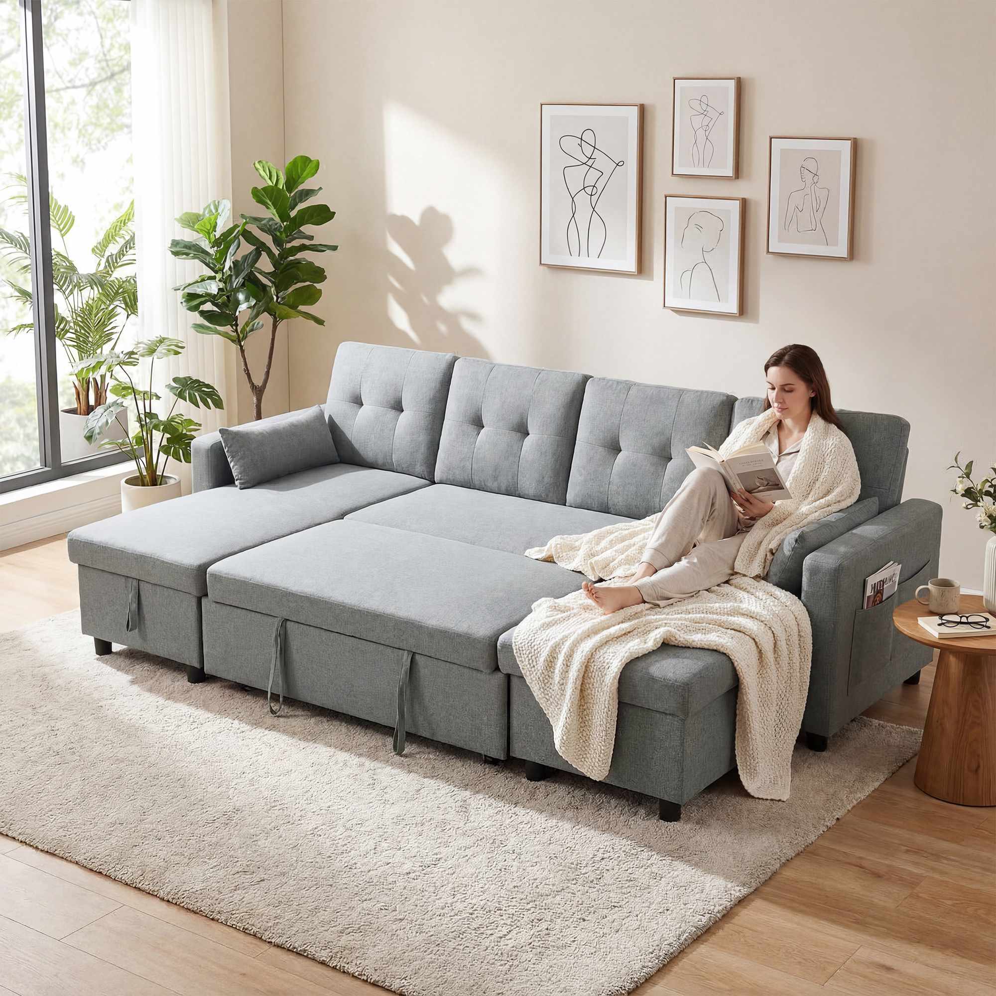 U-formad bäddsoffa, 4-sits, förvaring, grå