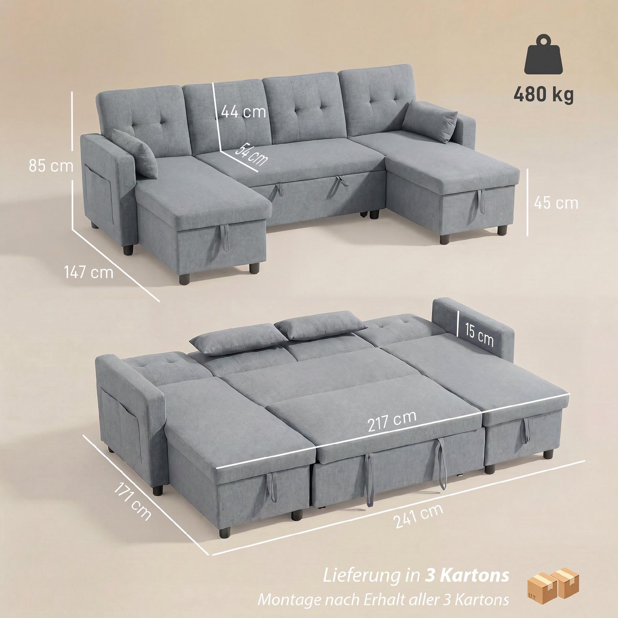 U-formad bäddsoffa, 4-sits, förvaring, grå