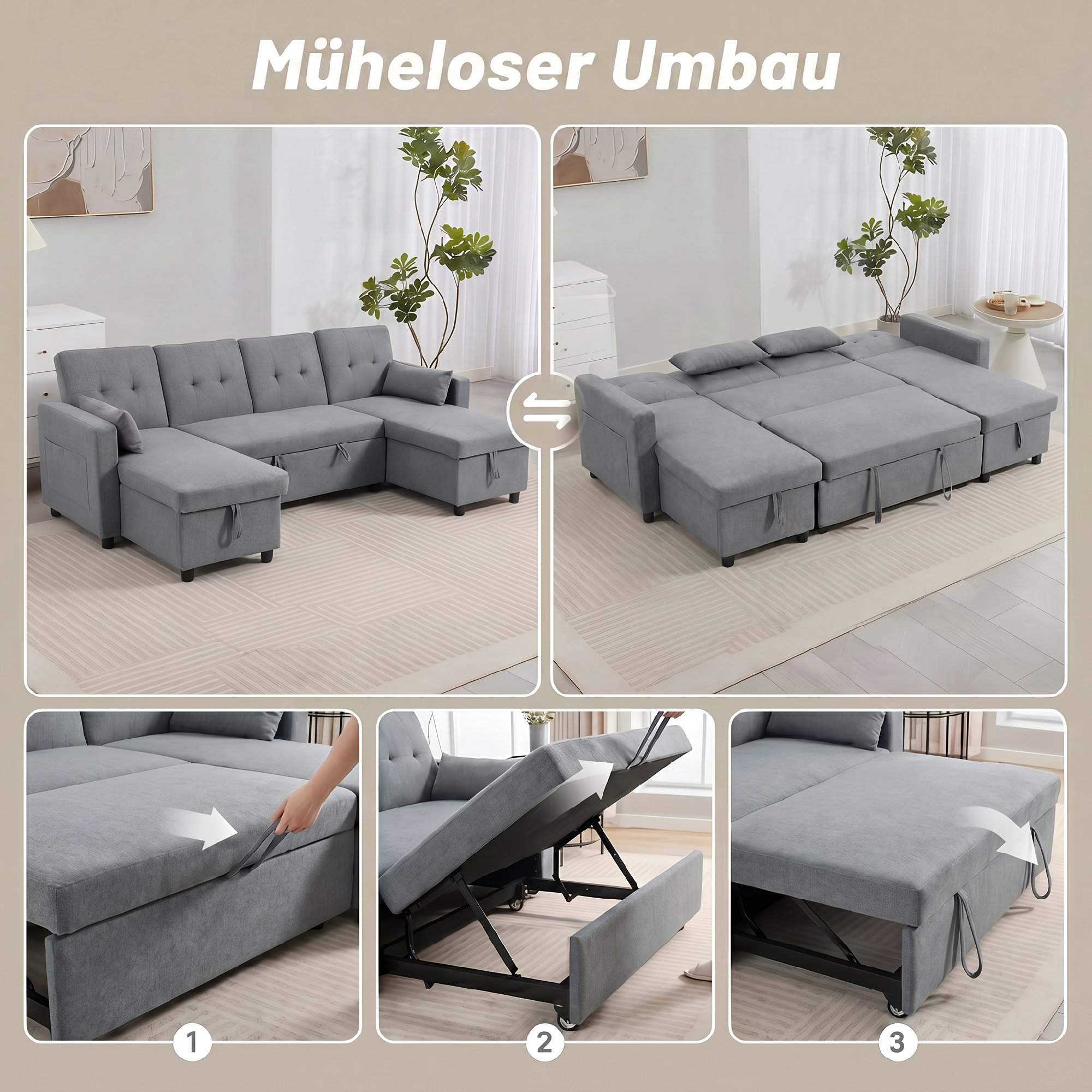 U-formad bäddsoffa, 4-sits, förvaring, grå