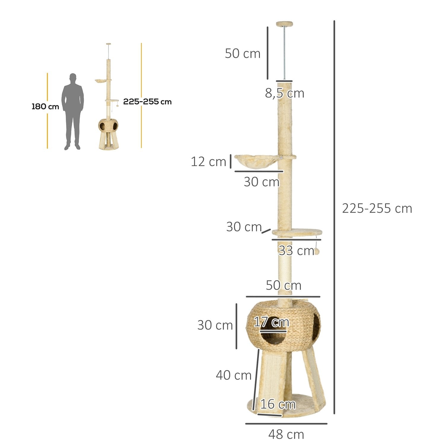 Skrapstolpe Tak Hög 225-255 Cm Med Kattgrotta, Lekboll, Hängmatta, Upp Till 5 Kg