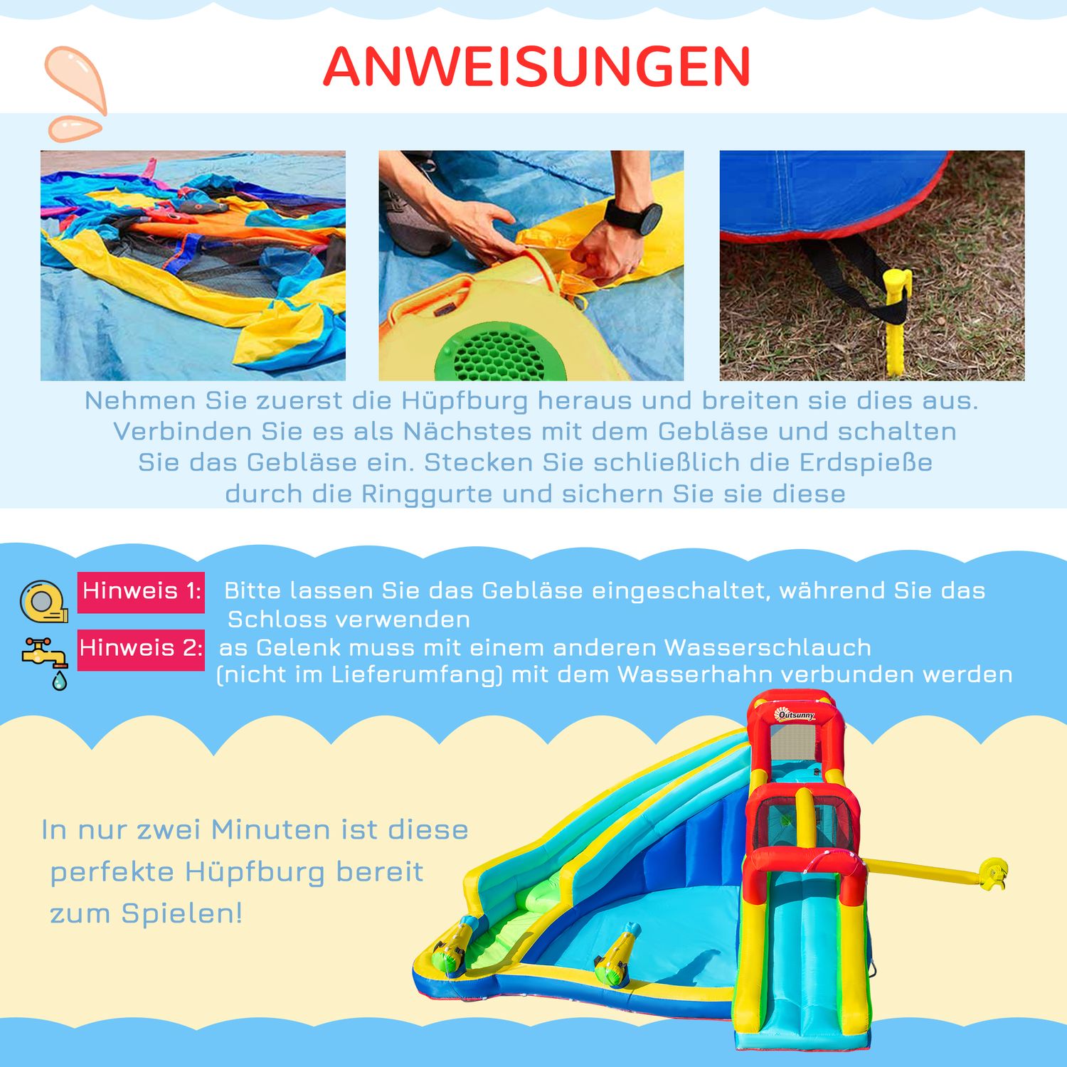 Uppblåsbar Bouncy Castle Water Park med rutschkana för barn 3-8