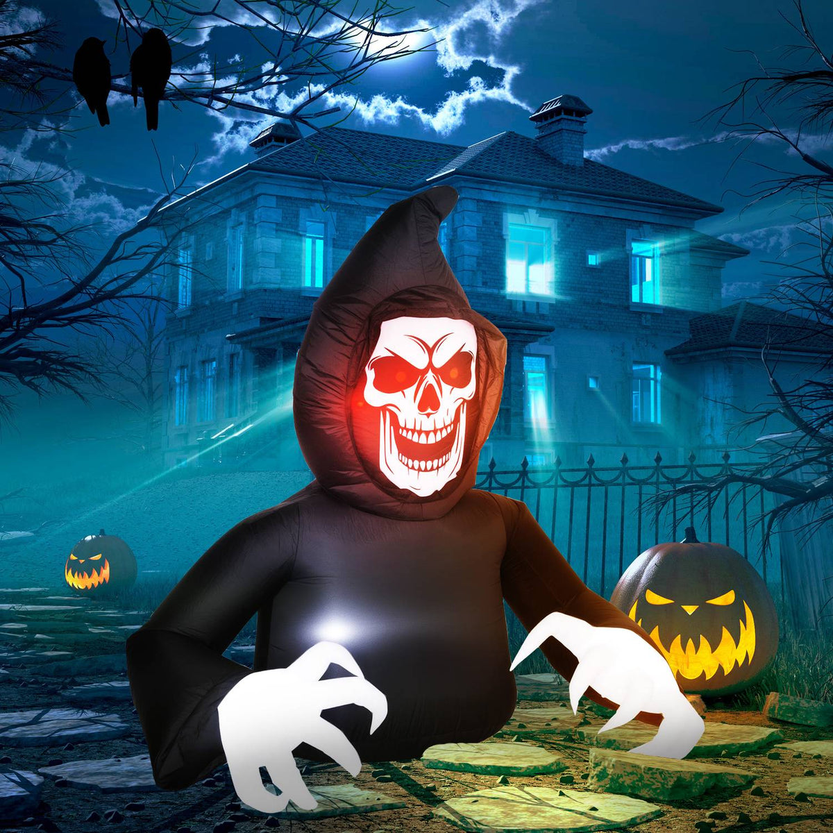 Oppblåsbar Halloween-skremmeskikkelse med LED-lys og vifte