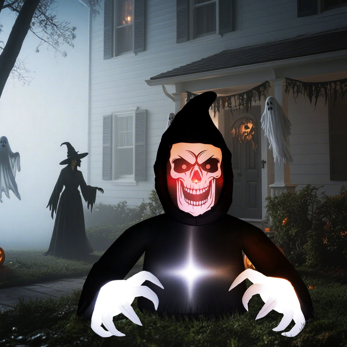 Oppblåsbar Halloween-skremmeskikkelse med LED-lys og vifte