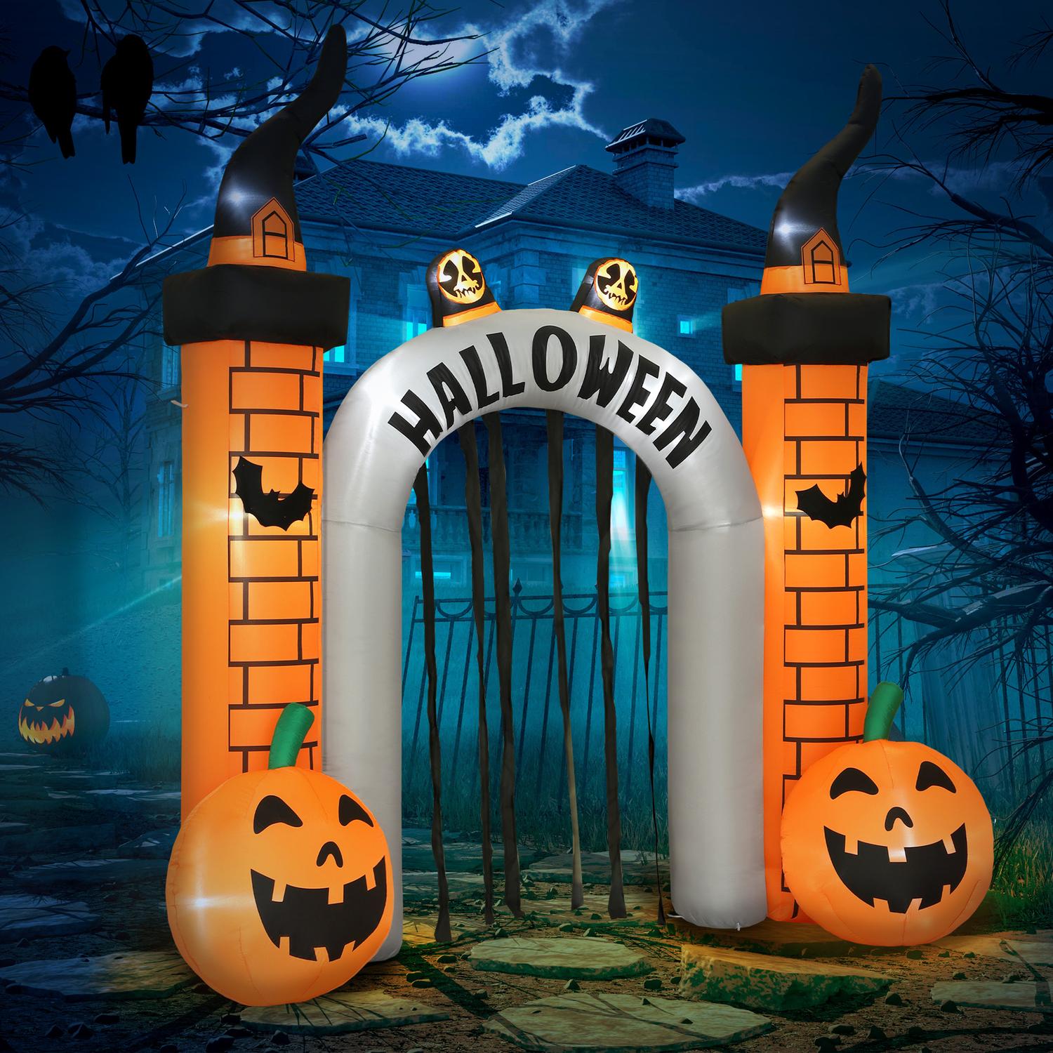 Uppblåsbar Halloween-valv, pumpadesign, lysdioder, pålar