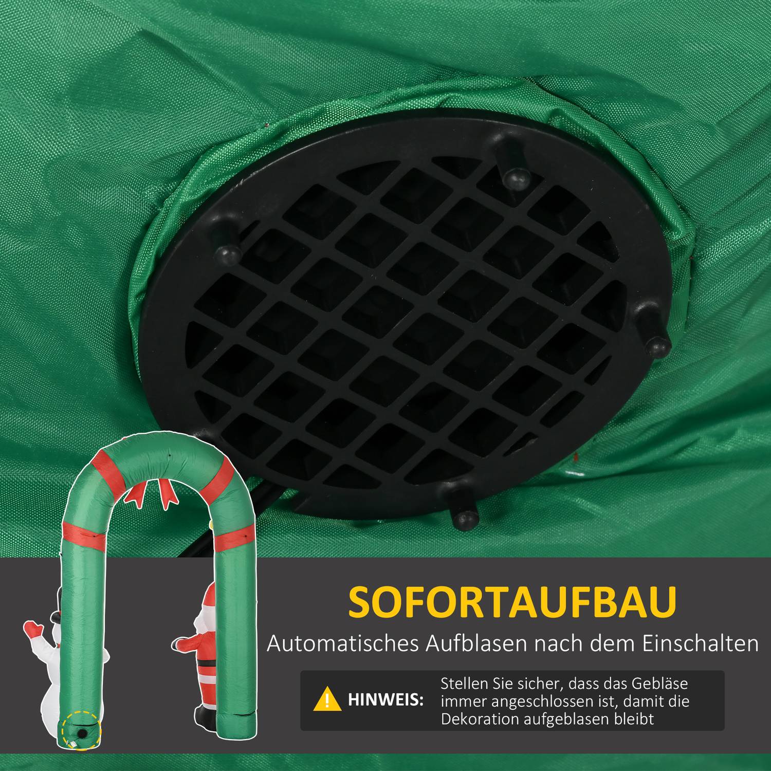 Uppblåsbar julbåge med jultomte, snögubbe och LED-ljus