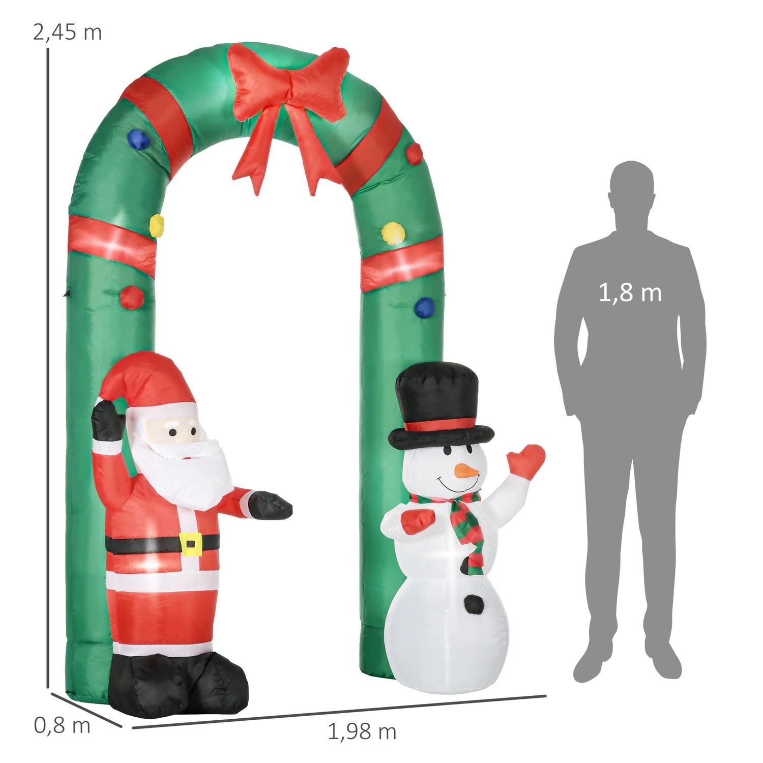 Uppblåsbar julbåge med jultomte, snögubbe och LED-ljus