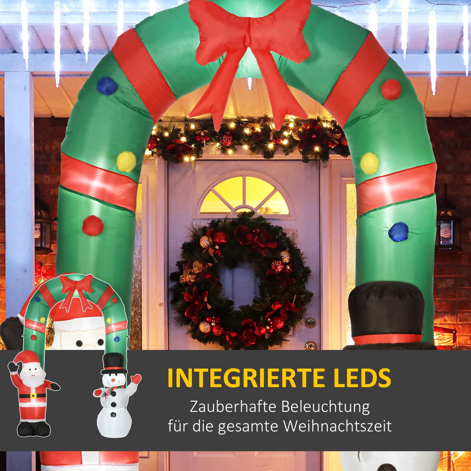 Uppblåsbar julbåge med jultomte, snögubbe och LED-ljus