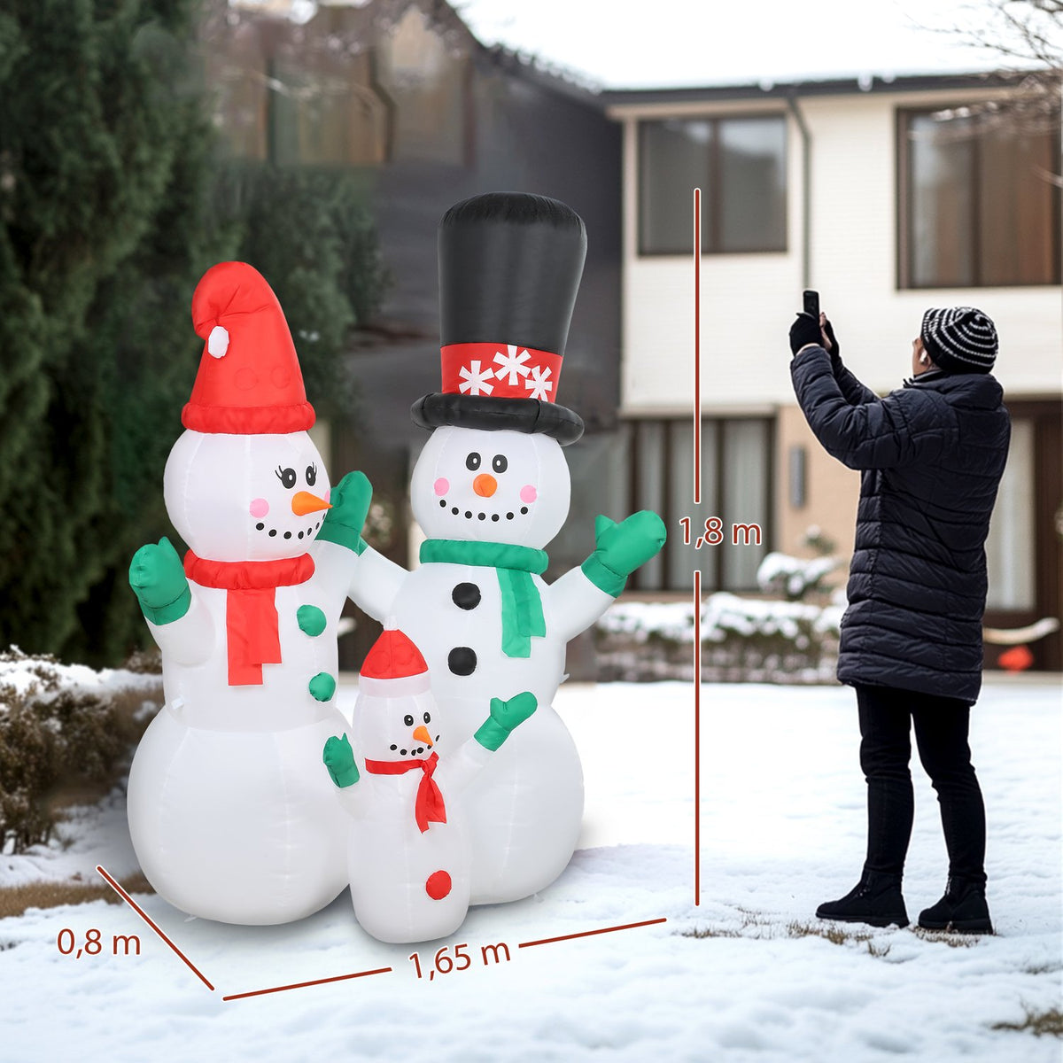 Oppblåsbar snømannfamilie, 1,8 m juledekorasjon med LED-lys