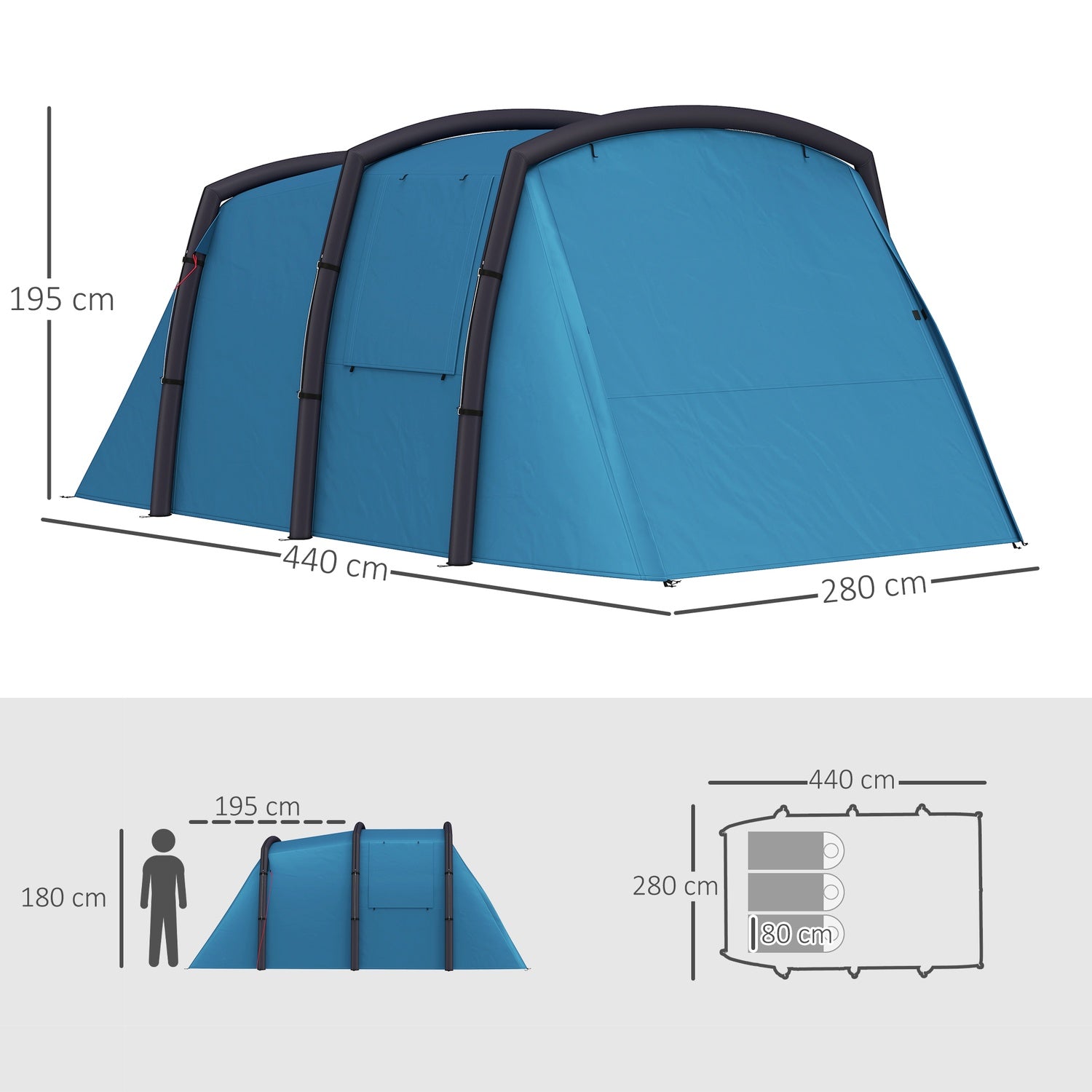 Uppblåsbart 3-6 personers campingtält, UV50+ vindtätt, 3-säsong