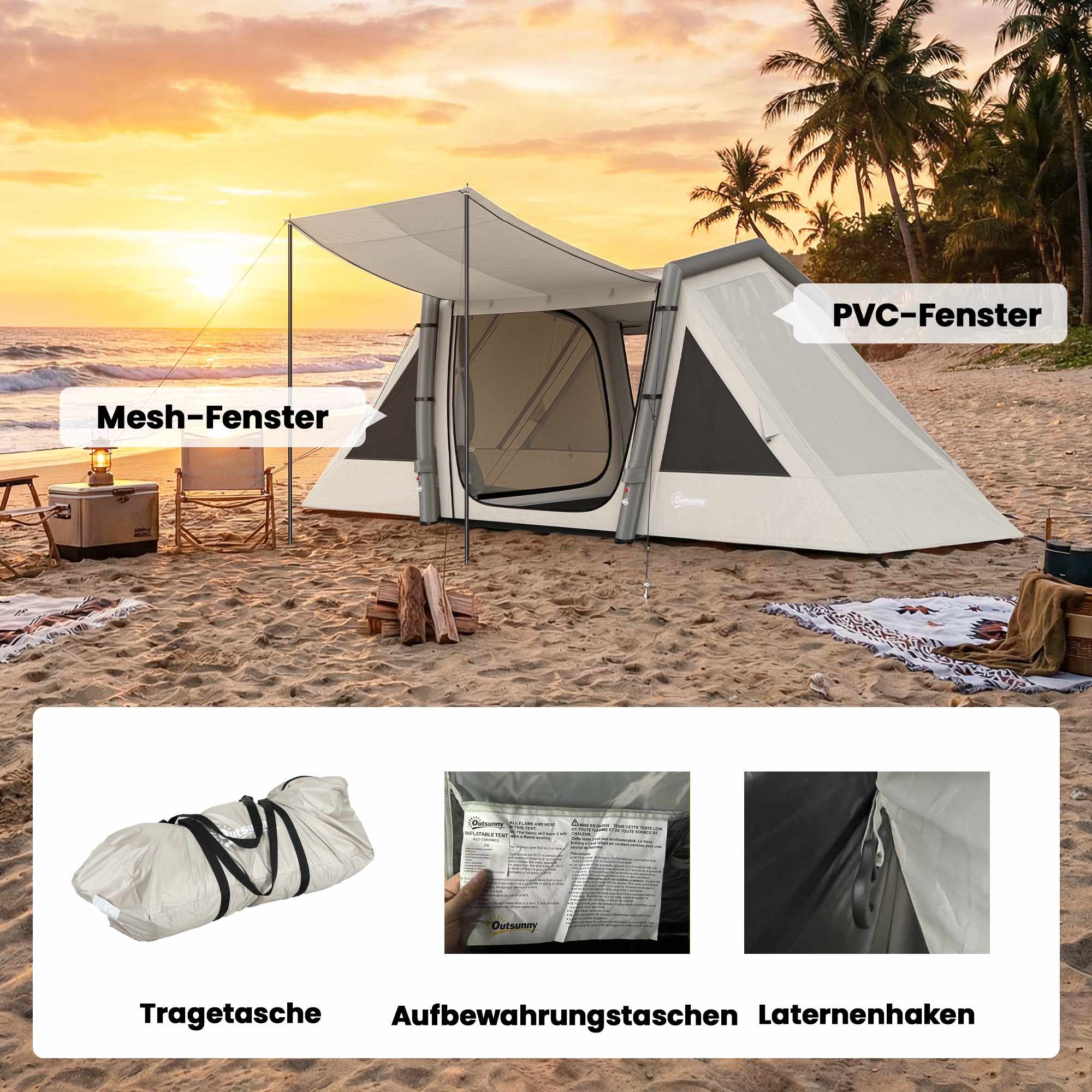 Uppblåsbart campingtält, 3 rum, mörklagt sovrum, vattentätt