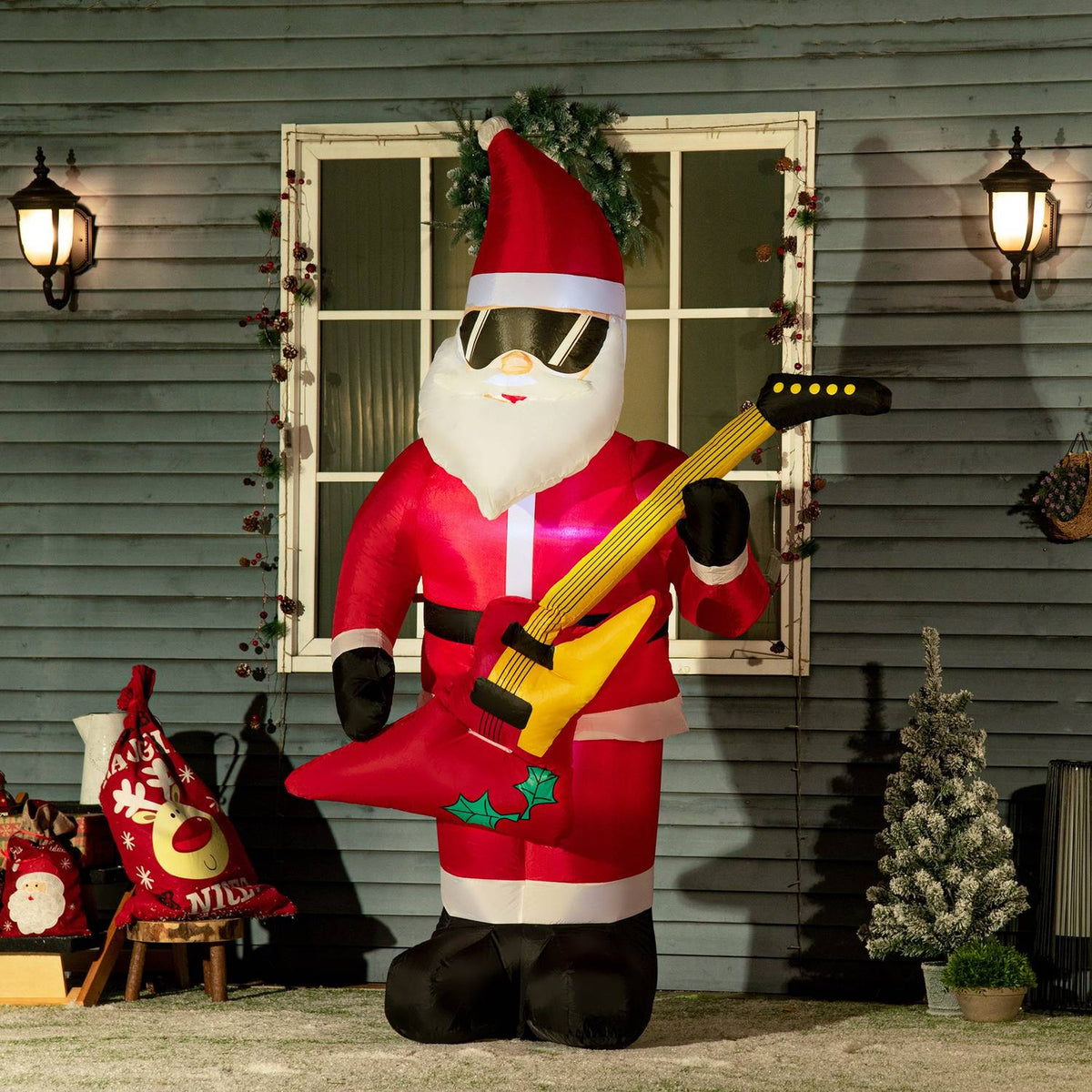 Oppblåsbar nisse med gitar og LED-lys, 215 cm, vanntett