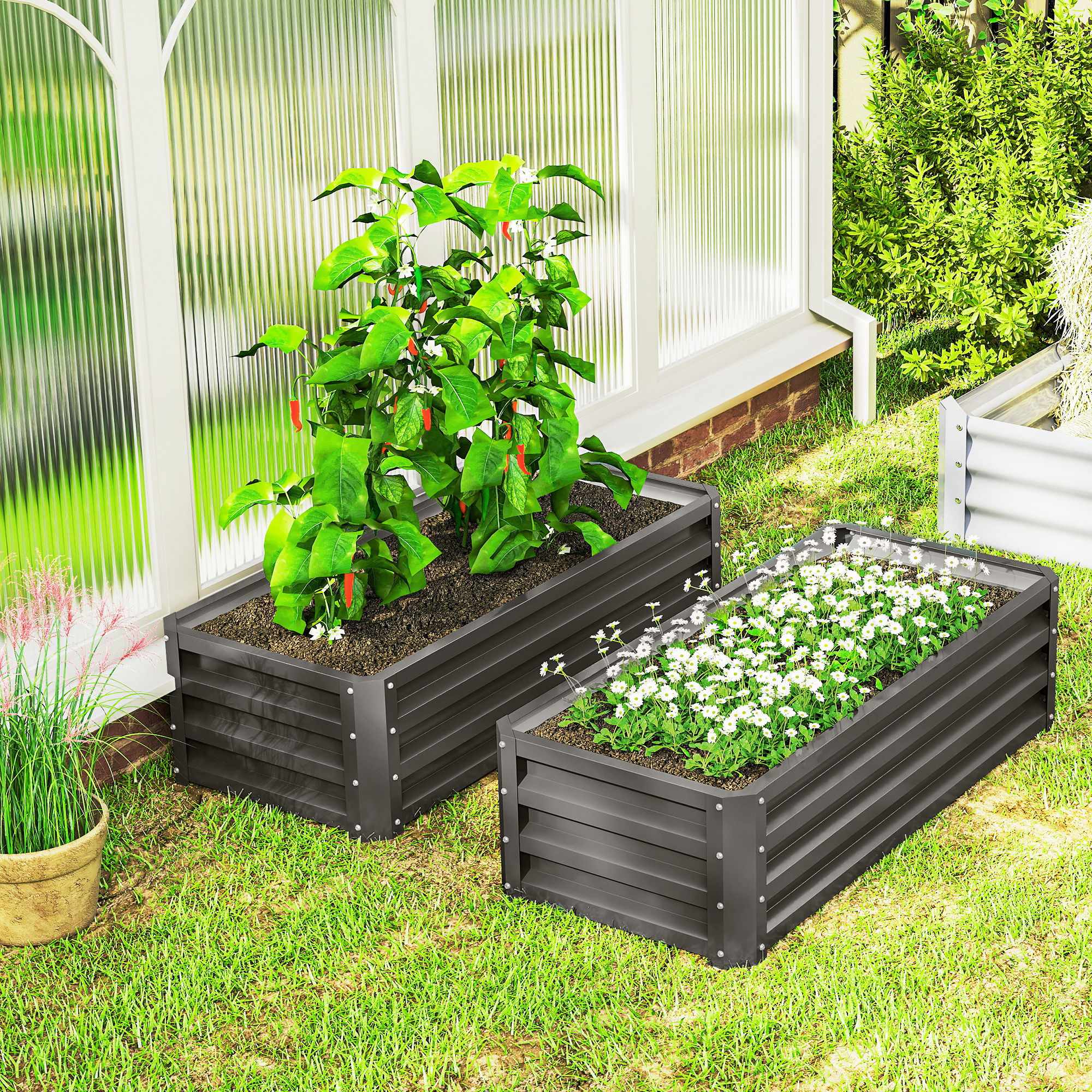 Upphöjda trädgårdsbäddar i metall, set om 2, öppen bas, 110x50x30cm