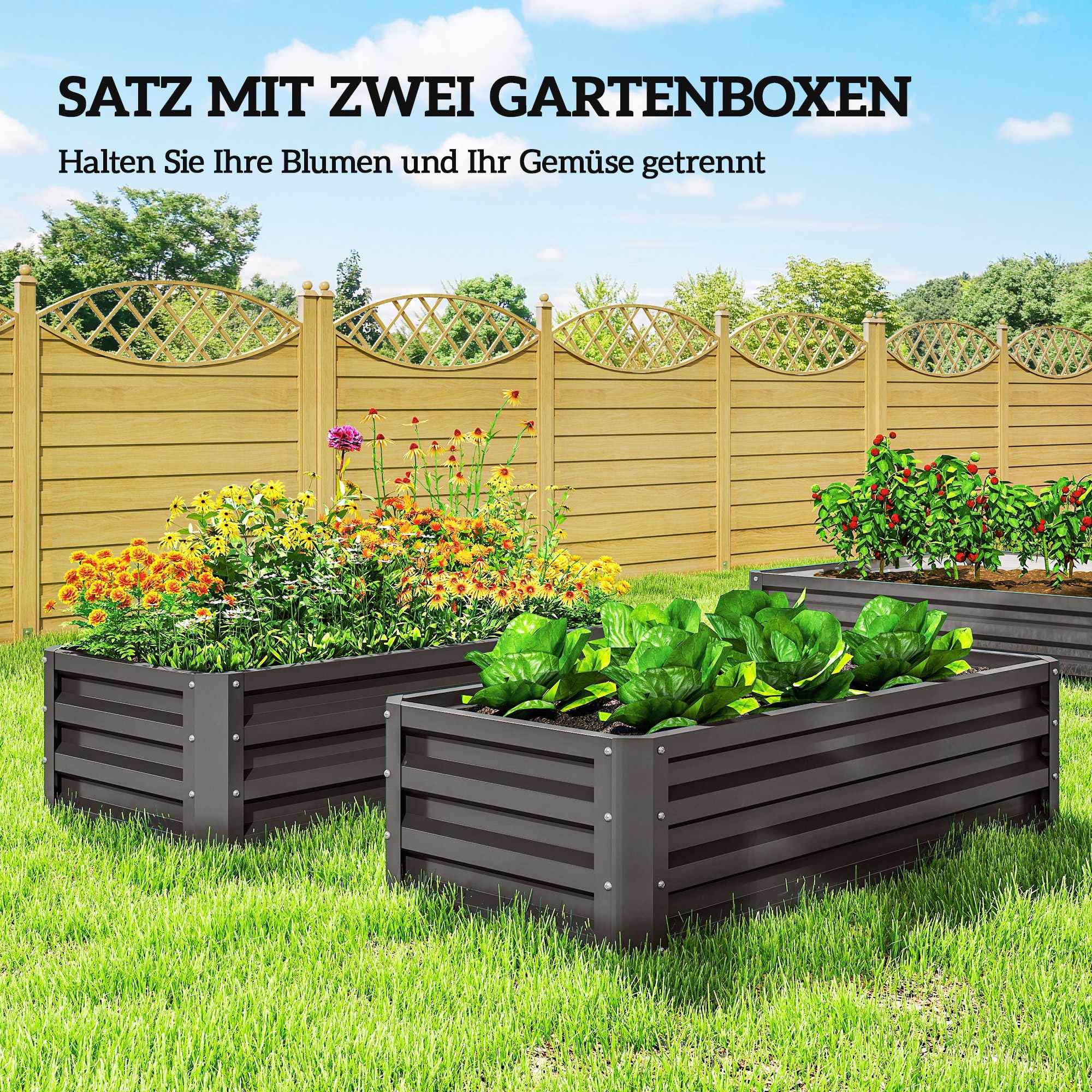 Upphöjda trädgårdsbäddar i metall, set om 2, öppen bas, 110x50x30cm