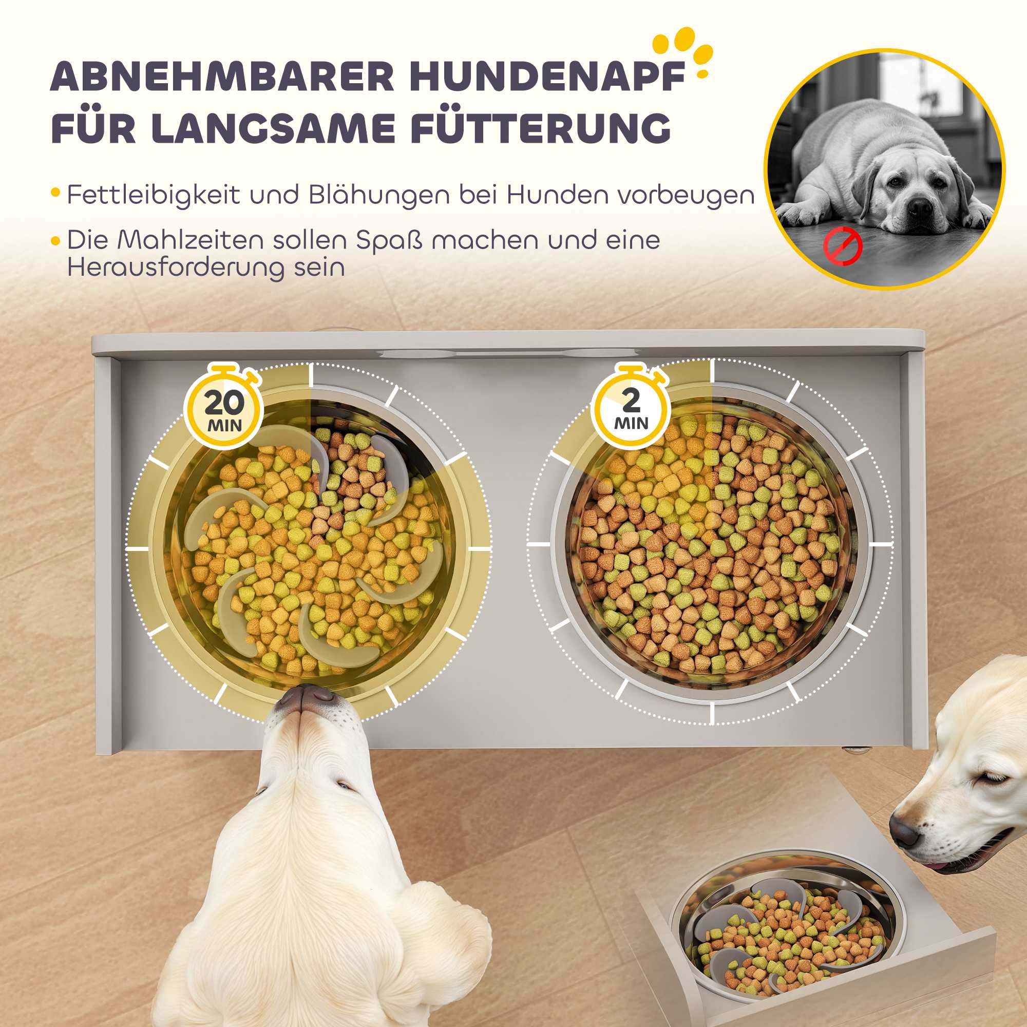 Upphöjd hundmatningsstation med 2 skålar, MDF och rostfritt stål