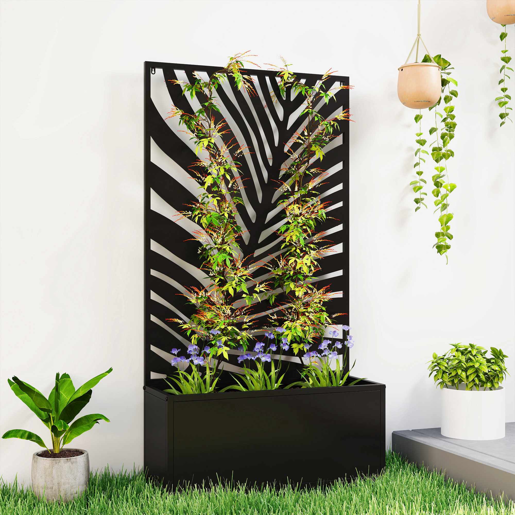 Upphöjd planteringslåda med spaljé, metall, 61 x 23 x 113 cm