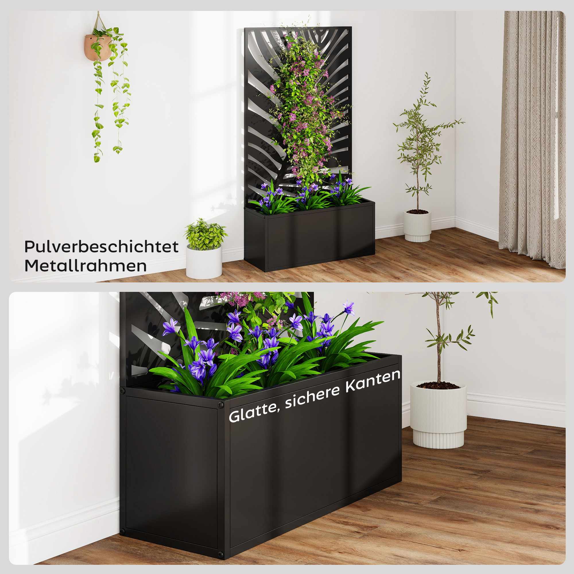 Upphöjd planteringslåda med spaljé, metall, 61 x 23 x 113 cm